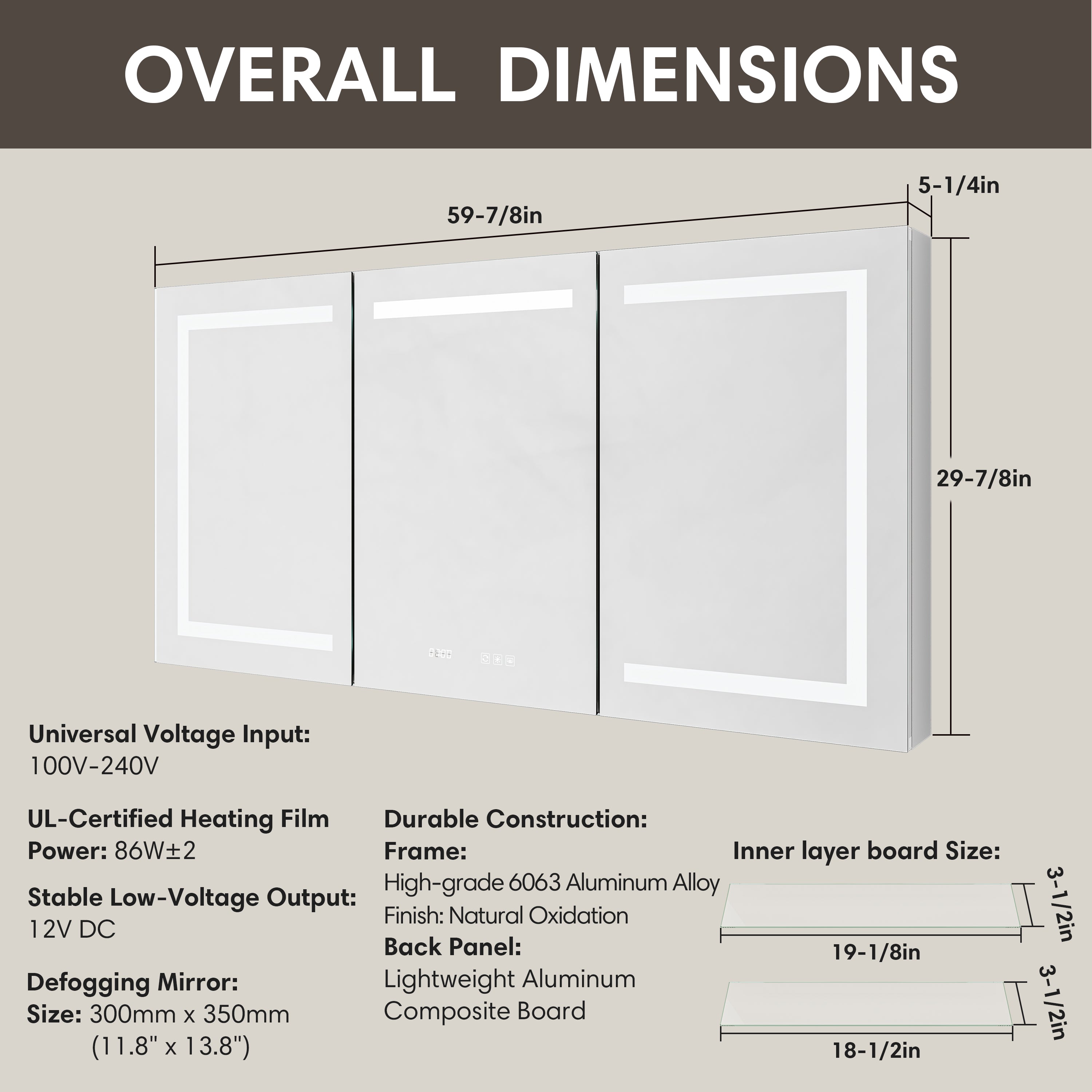 Size chart and overall dimensions of Pro Shower 60x30 Rectangular Silver LED Medicine Cabinet.