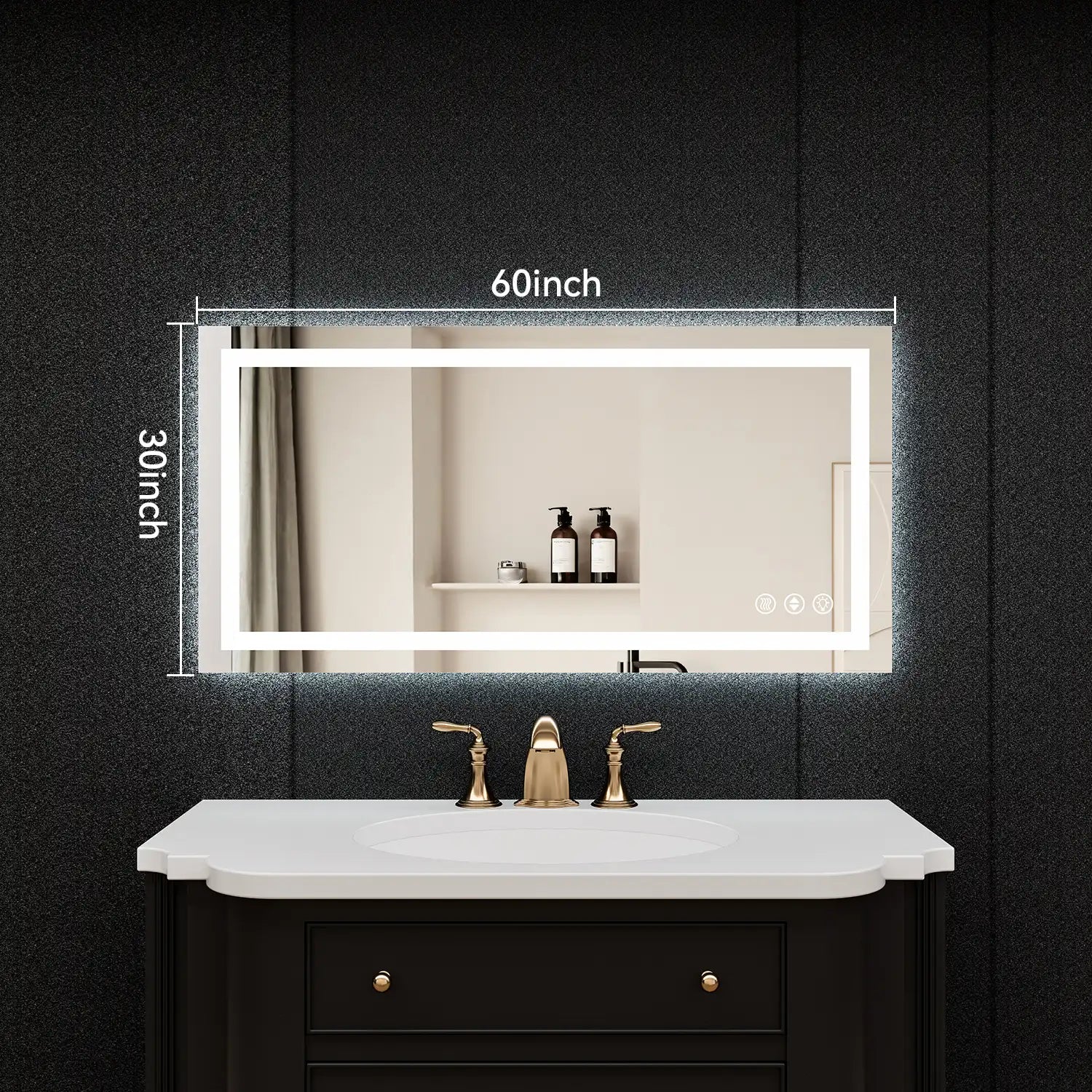 LuxeGlow Series 60x30 Smart LED Mirror dimensions diagram, showing 60inch length and 30inch height.
