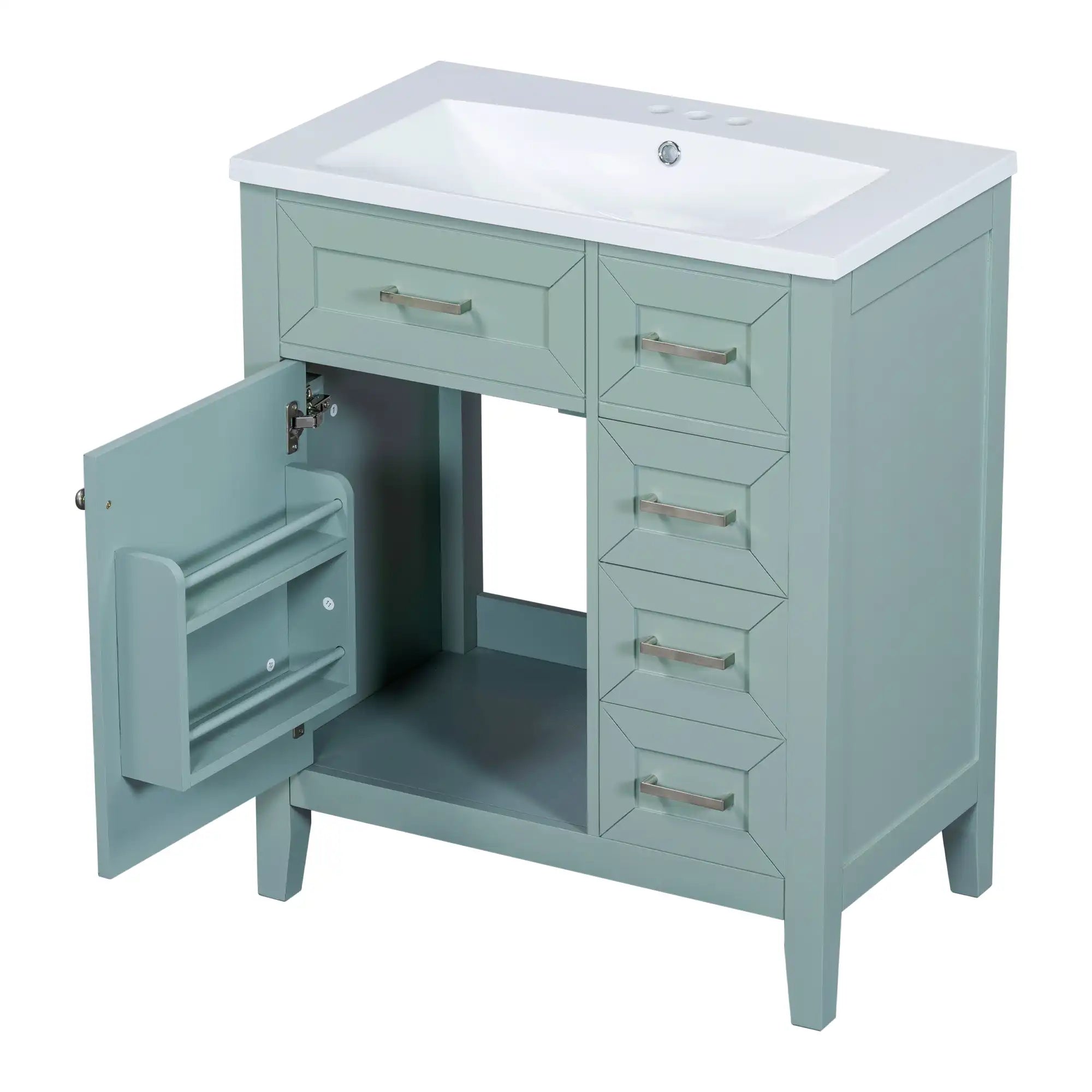 30 inch green bathroom vanity with open cabinet storage view.