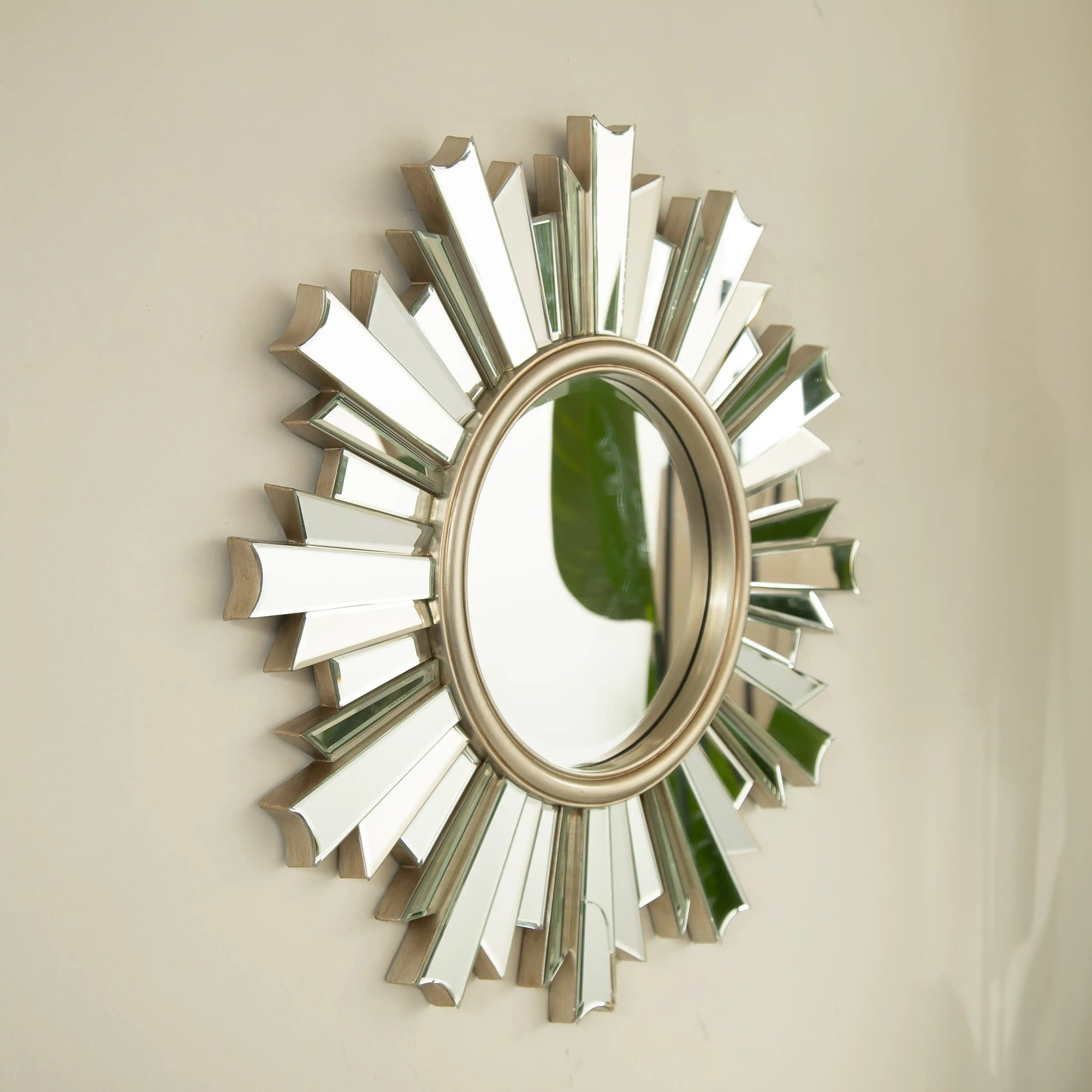 26 inch PU and glass sunburst bathroom mirror with sculpted reflective design | Ace Decor