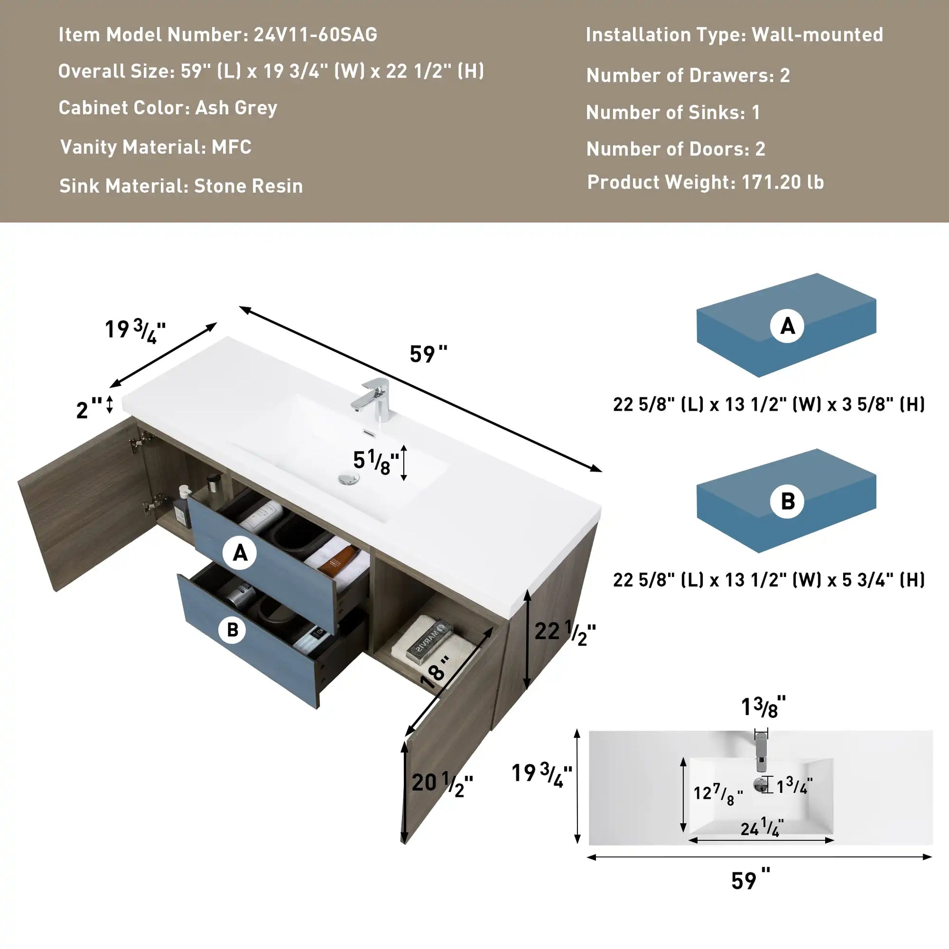 Modern Floating Bathroom Vanity with Resin Top Basin & Soft Close Drawers - Wall-Mounted Storage Cabinet color: Ash Grey