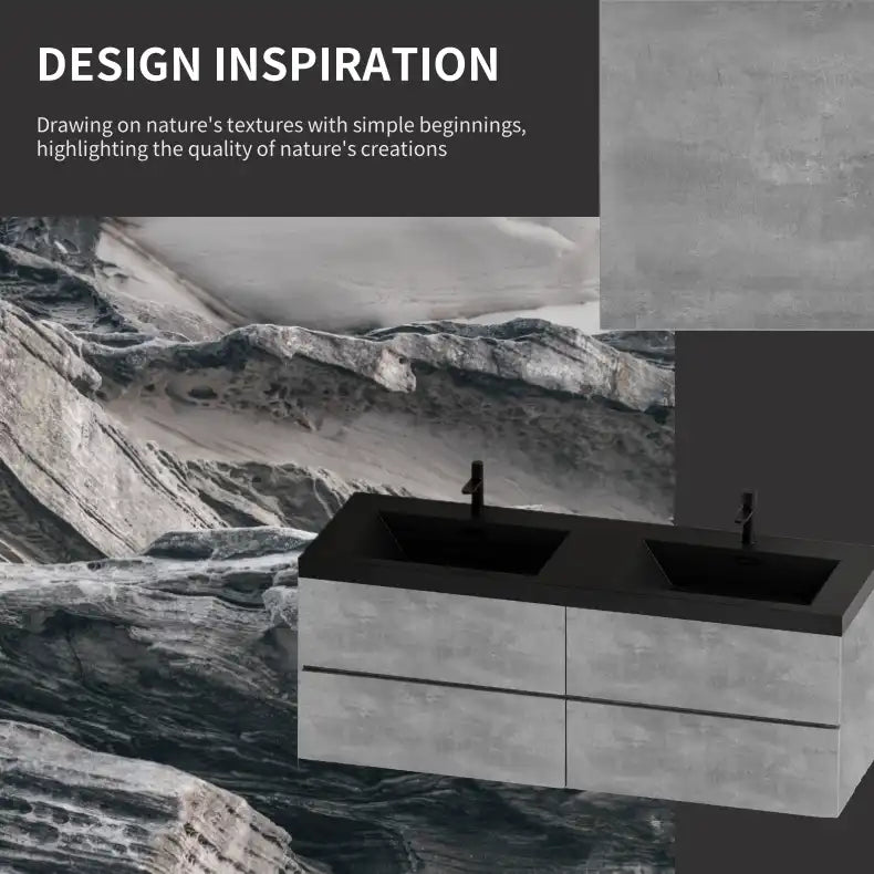 Dark grey floating bathroom vanity with black double sink and stone-inspired design background
