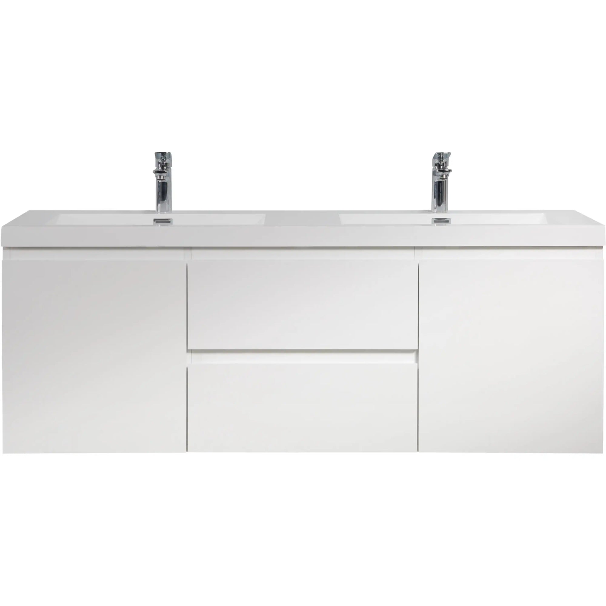 59 inch double sink vanity with clean white floating design and dual integrated sinks on a white background | Ace Decor