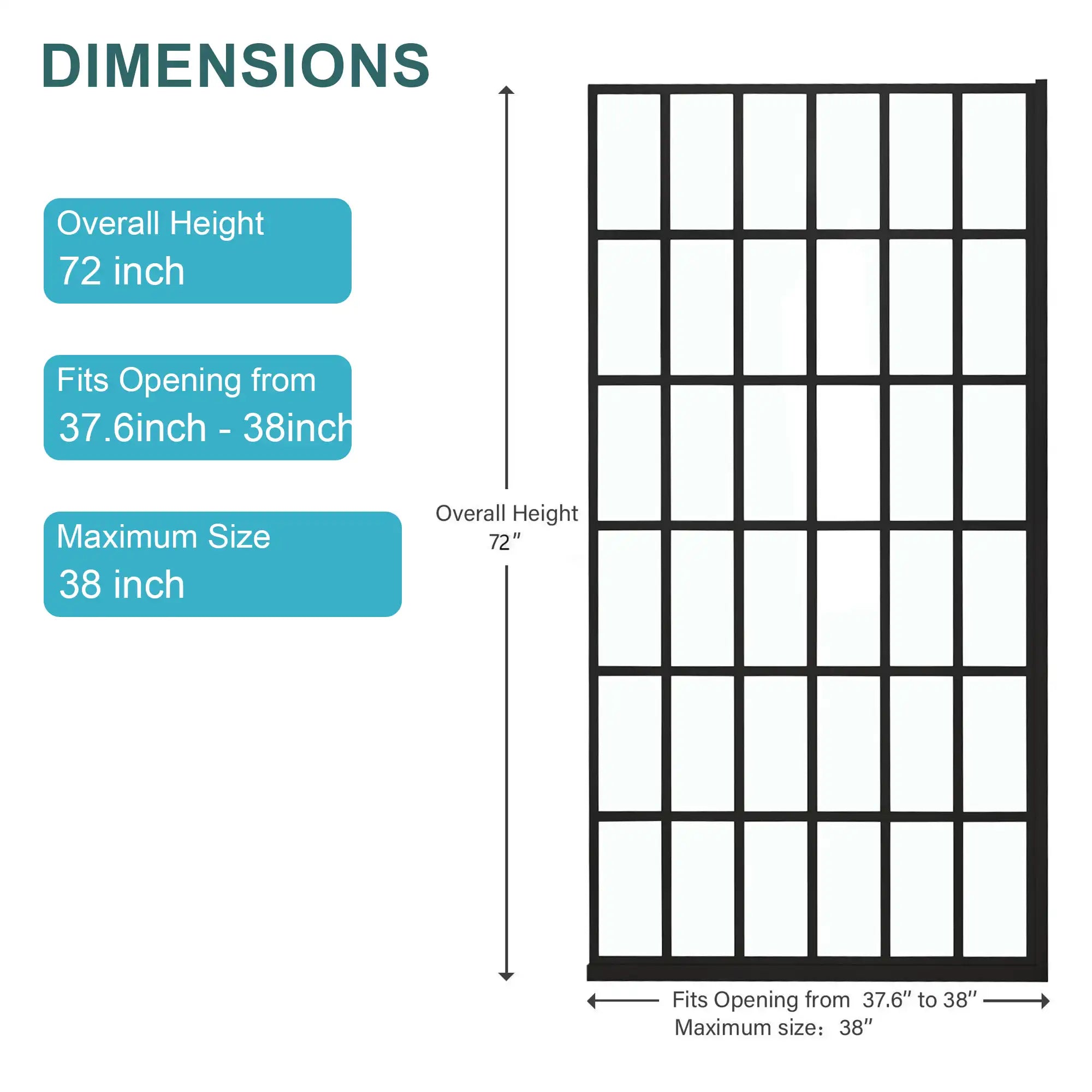 Grid glass shower door 38 x 72 inch black frame with dimension details.