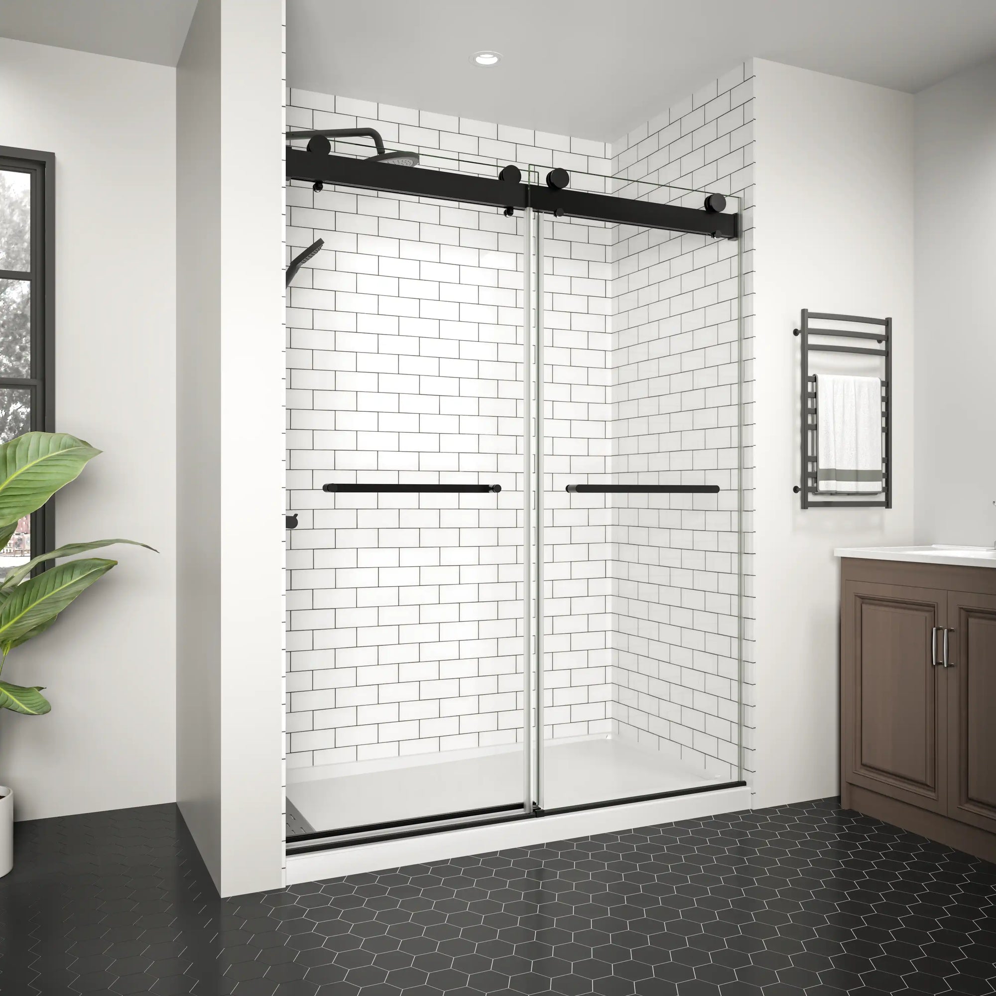 60 x 76 matte black sliding shower door in a modern bathroom | Ace Decor
