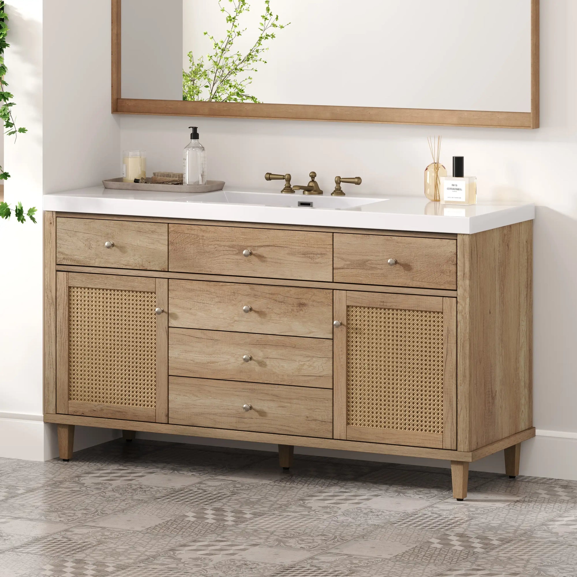 Soleil 60&quot; Bathroom Vanity with Sink, Natural Wood Cabinet with Drawers
