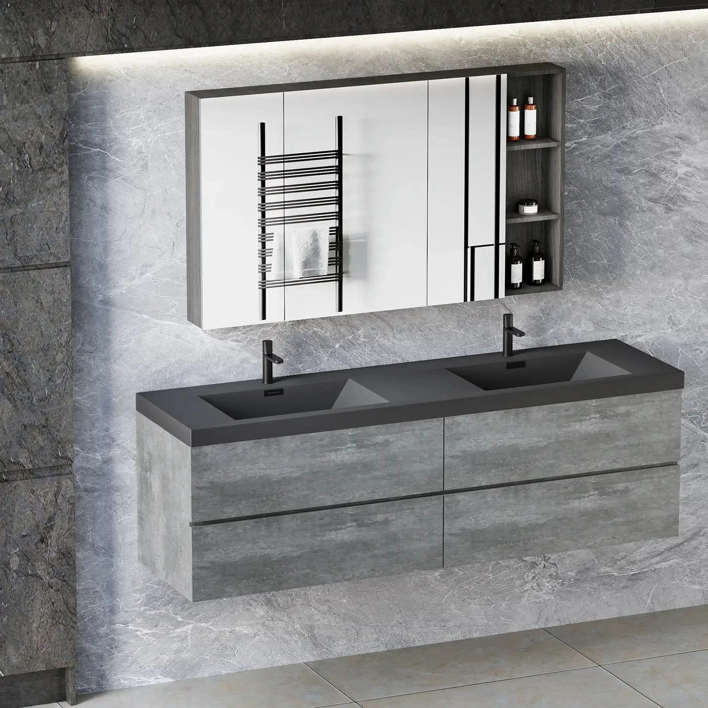 59/71" Grey Modern Floating Bathroom Vanity with Double Black Quartz Top & Soft Close Drawers color: Grey