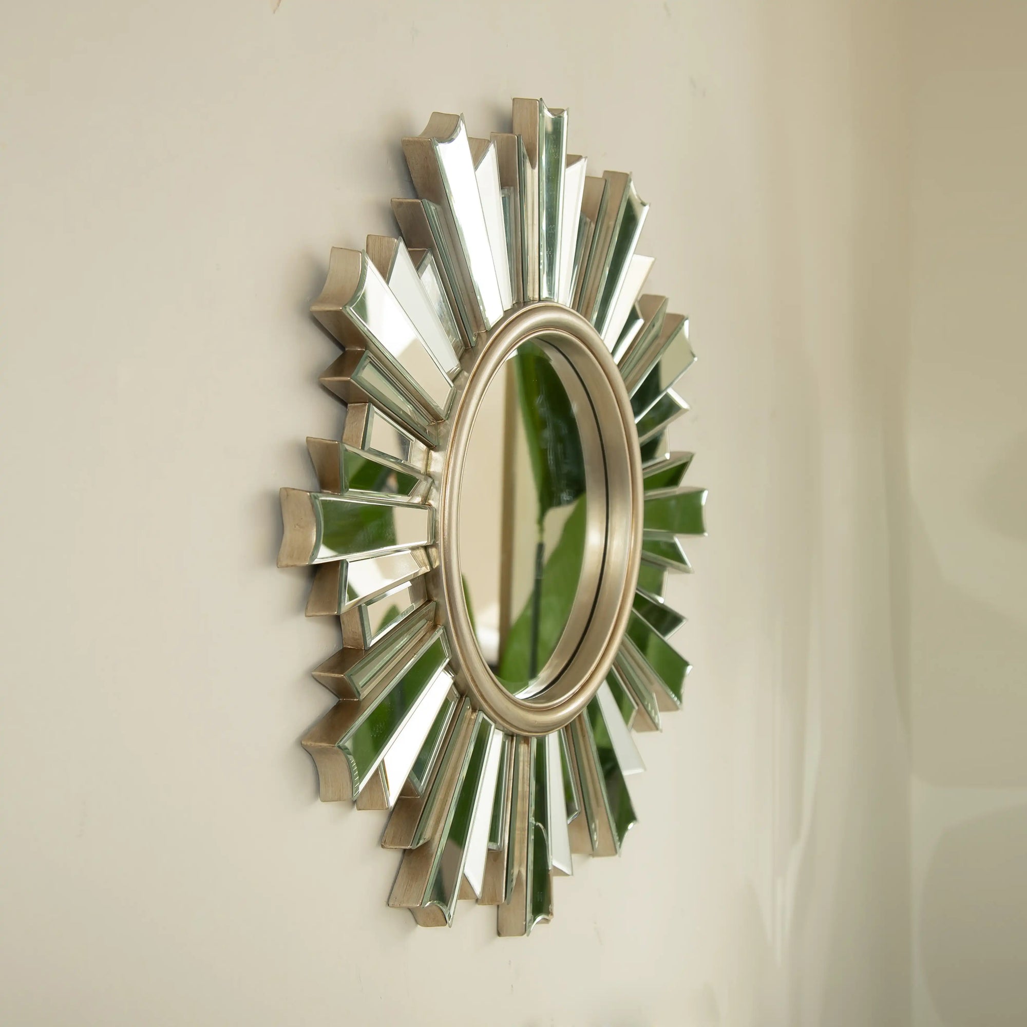 26 inch decorative bathroom sunburst mirror shown mounted on wall | Ace Decor