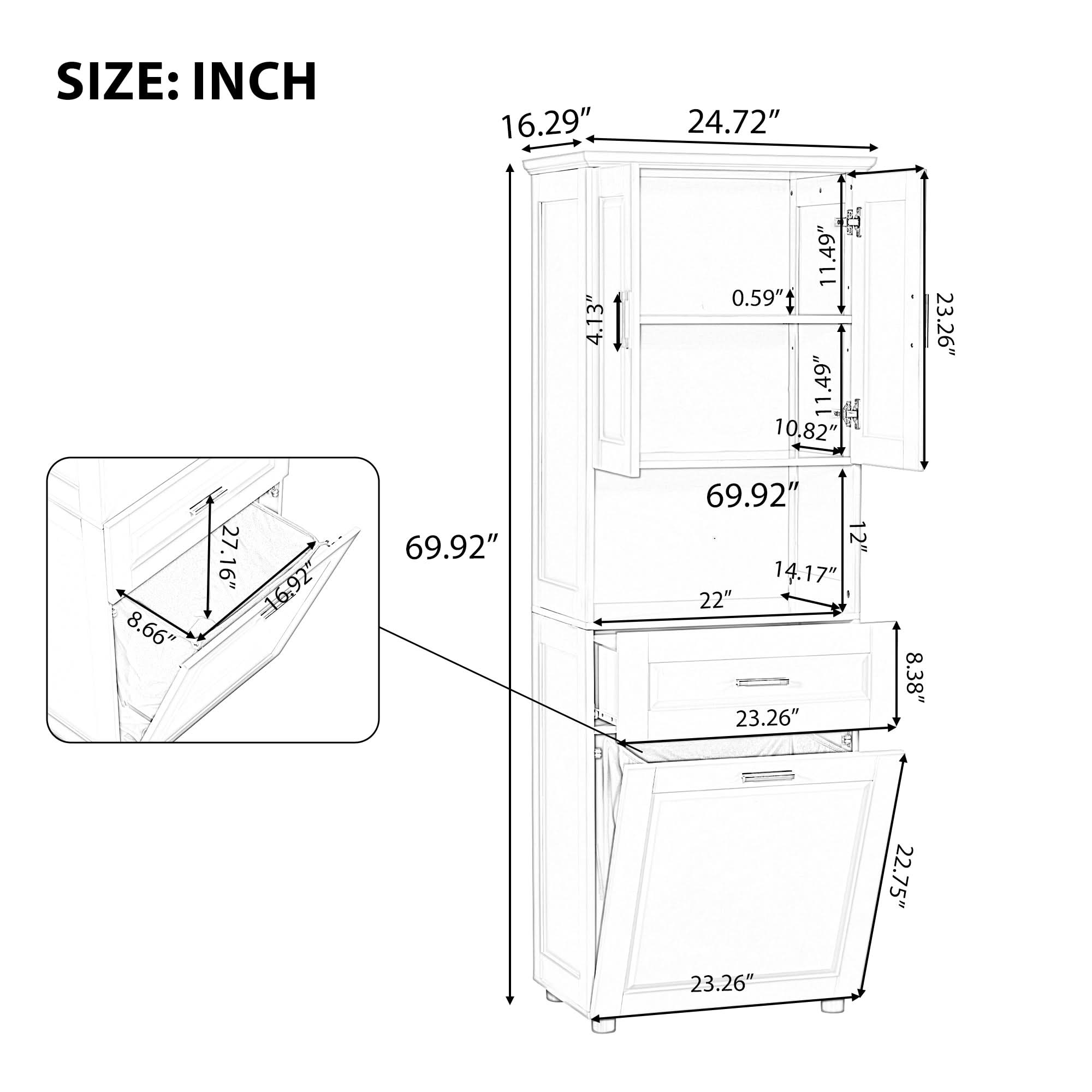 tall bathroom cabinet with laundry basket color:White