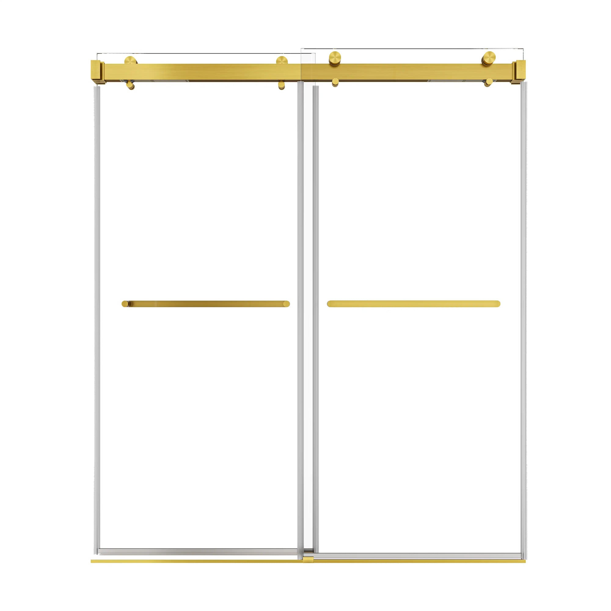 66 x 76 brushed gold sliding shower door with frameless double glass panels and minimalist modern design | Ace Decor