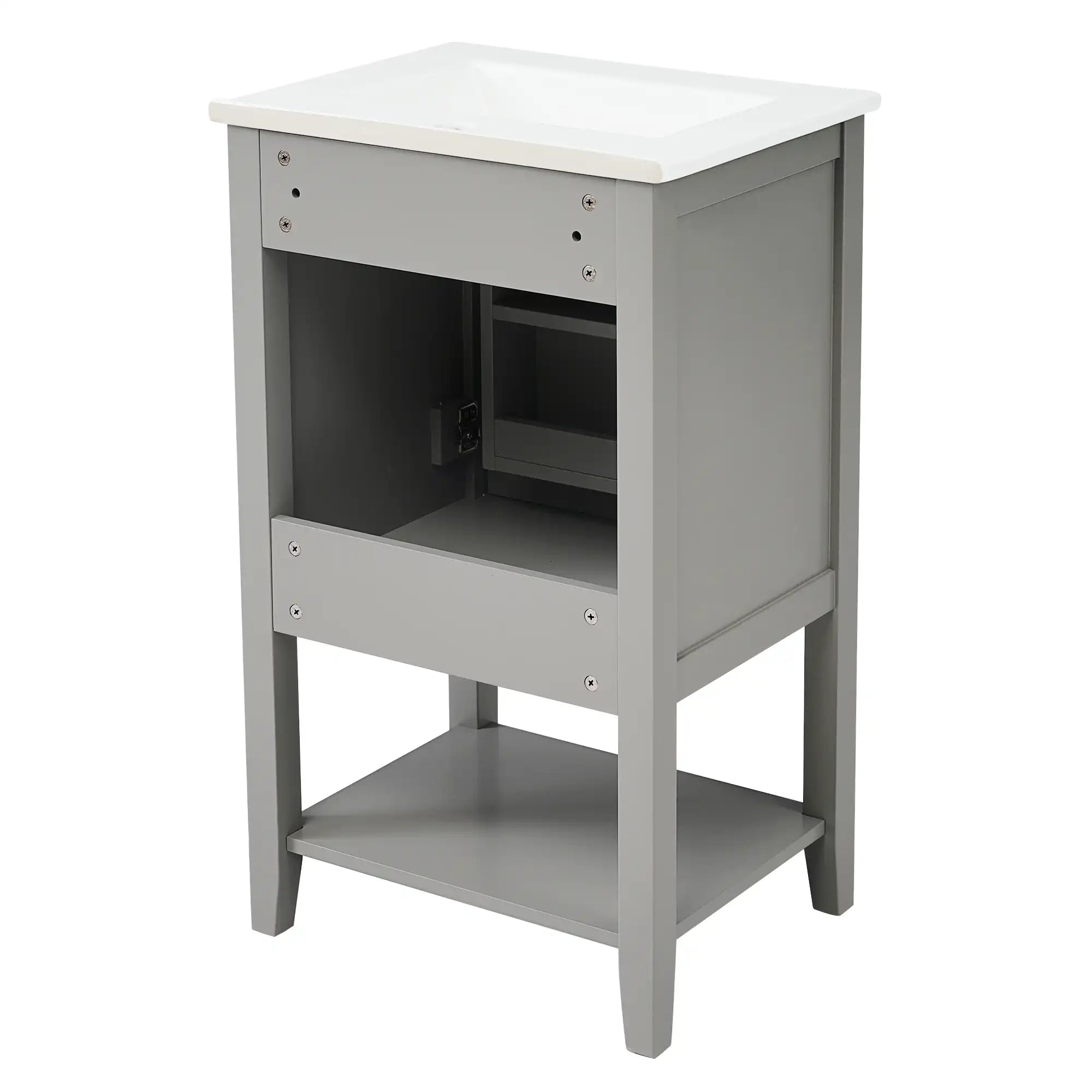 20" grey vanity bathroom unit back view with open shelf | Ace Decor