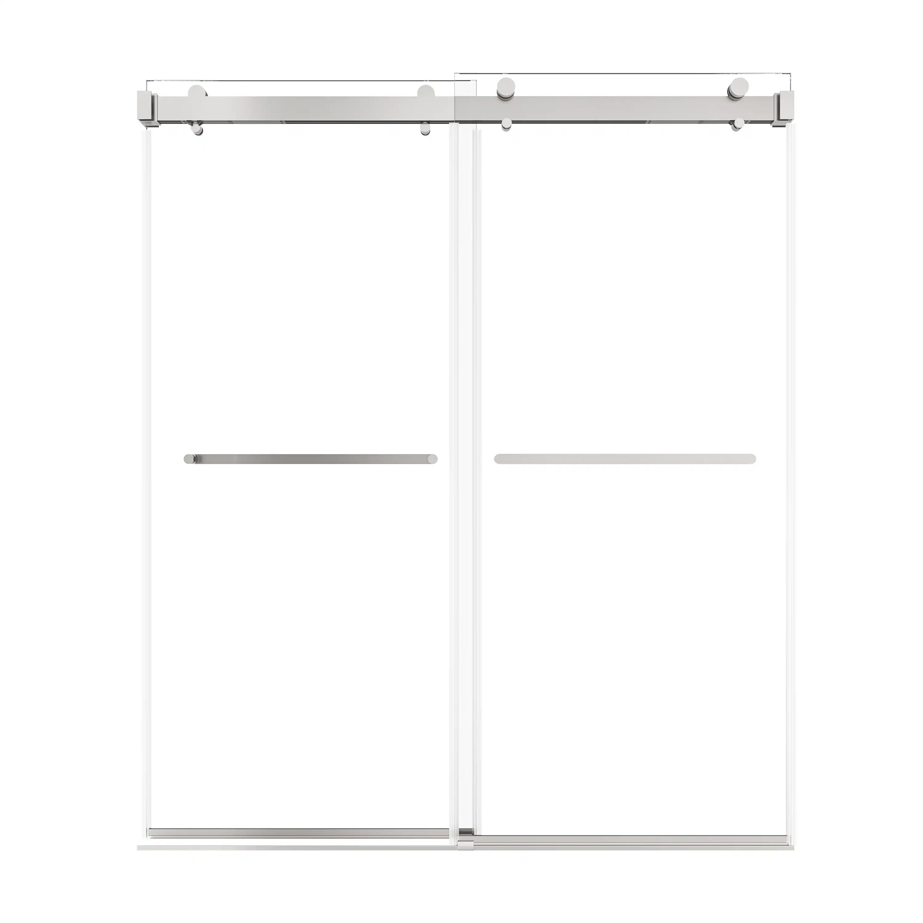 66 x 76 sliding shower door frameless in polished chrome finish, featuring dual clear glass panels and minimalist hardware | Ace Decor
