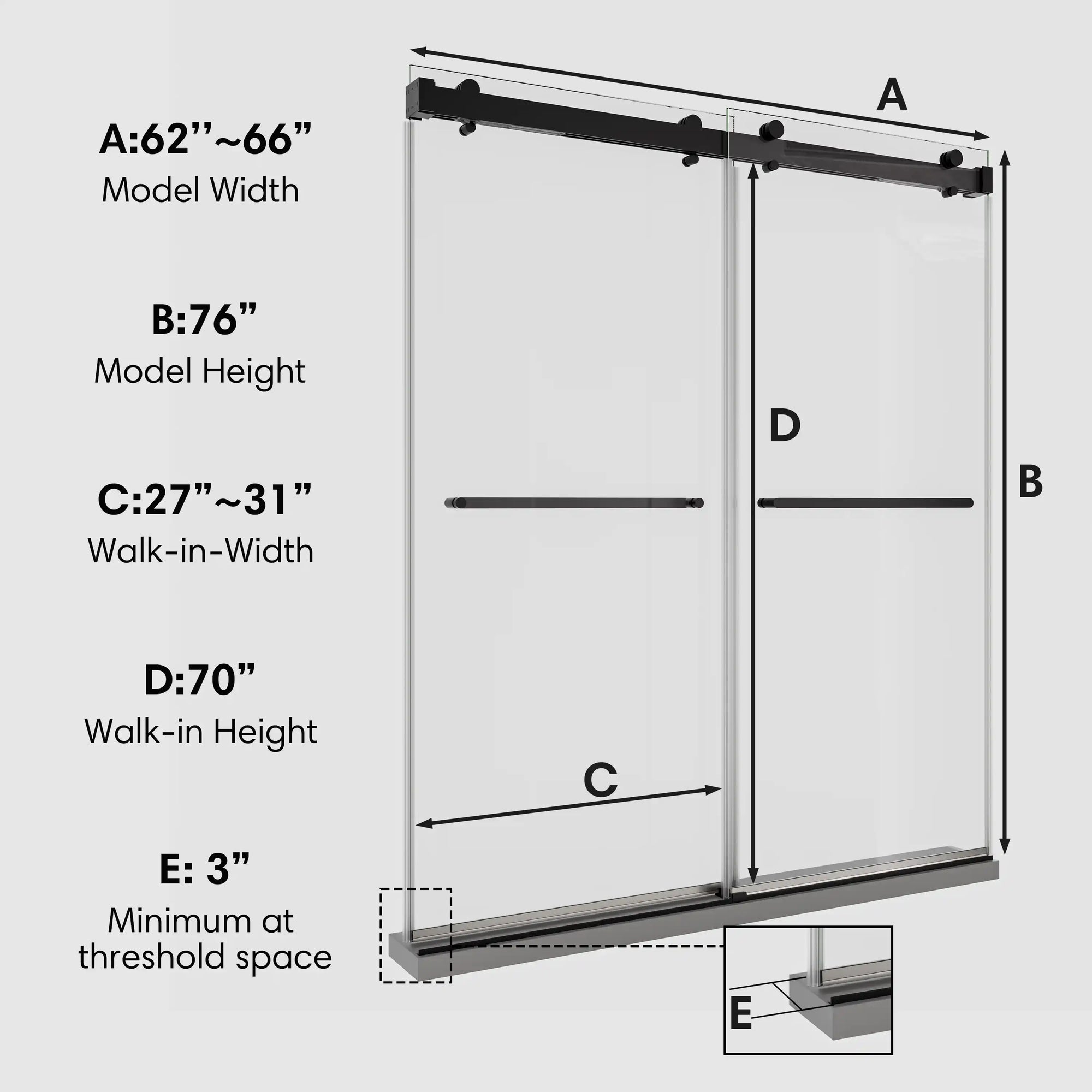 Dimension diagram of 60 x 76 double sliding shower doors frameless design showing width, height, and walk-in measurements for installation guide | Ace Decor