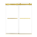 66 x 76 brushed gold sliding shower door with frameless double glass panels and minimalist modern design | Ace Decor