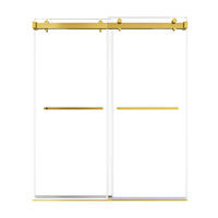 66 x 76 brushed gold sliding shower door with frameless double glass panels and minimalist modern design | Ace Decor