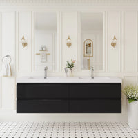 TerraLine 72" black wall-mounted double sink bathroom vanity in modern white bathroom.