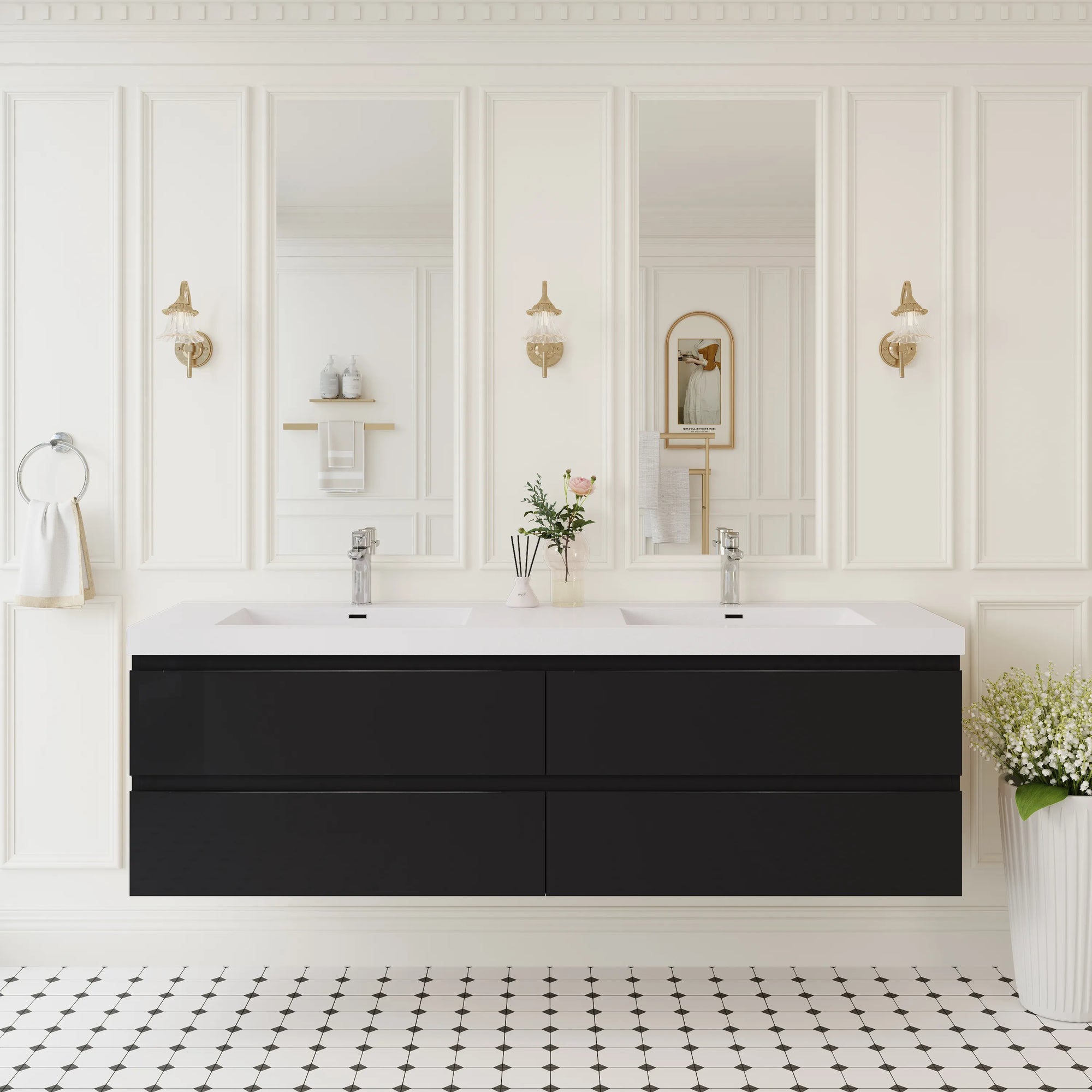 TerraLine 72" black wall-mounted double sink bathroom vanity in modern white bathroom.