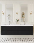 TerraLine 72" black wall-mounted double sink bathroom vanity in modern white bathroom.