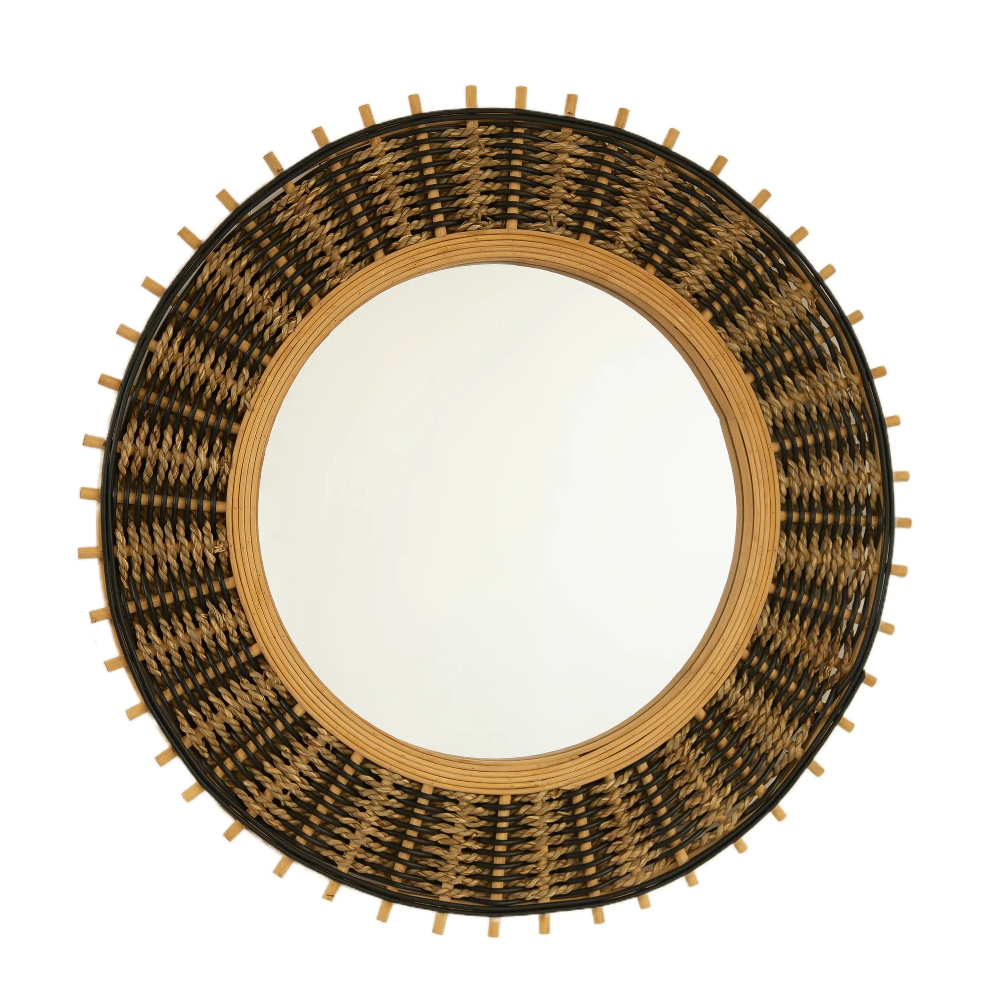 23-inch round bamboo mirror with handwoven natural and black pattern | Ace Decor