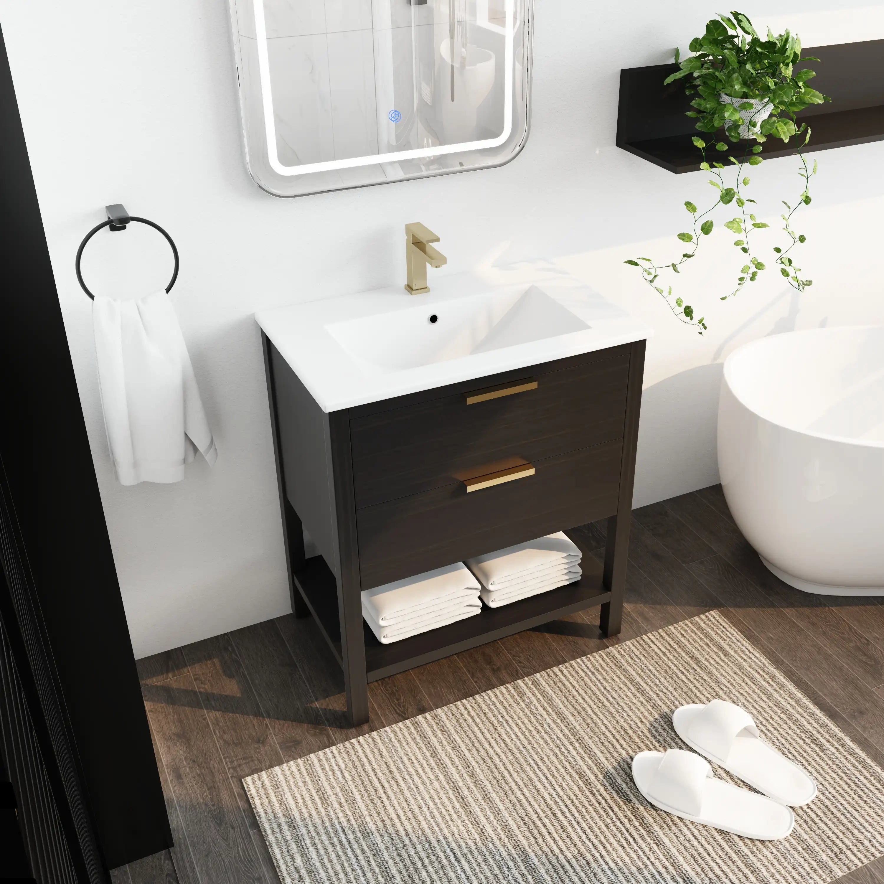 30" black vanity bathroom styled in modern space with white sink and open shelf.