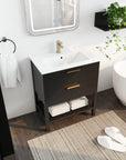 30" black vanity bathroom styled in modern space with white sink and open shelf | Ace Decor