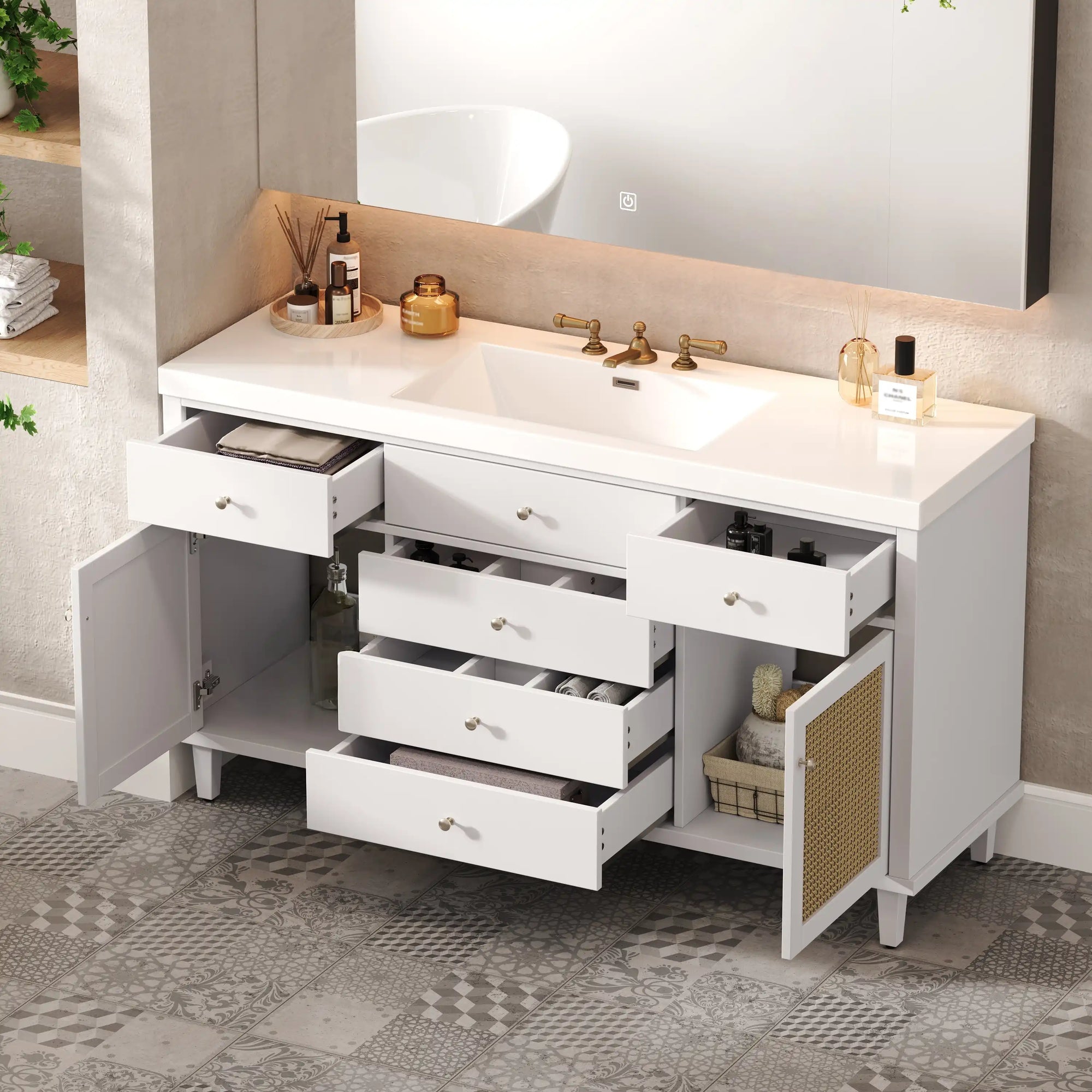 Soleil 60&quot; Bathroom Vanity with Sink, Elegant White Cabinet with Drawers