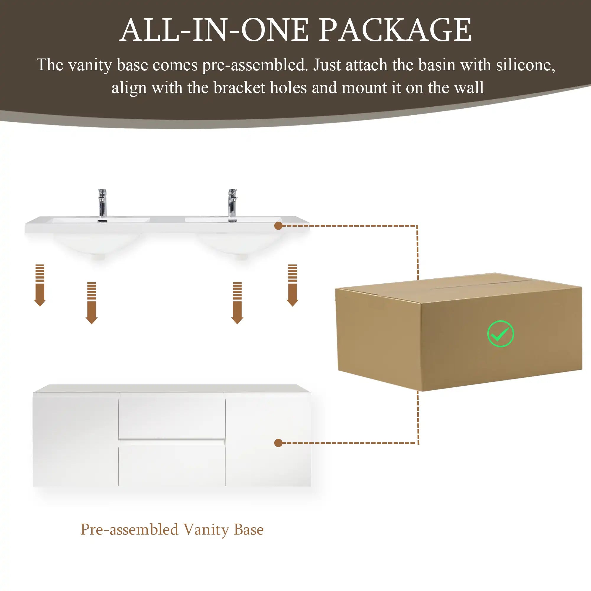 59 inch double sink vanity with pre-assembled wall-mounted base and integrated dual sinks | Ace Decor