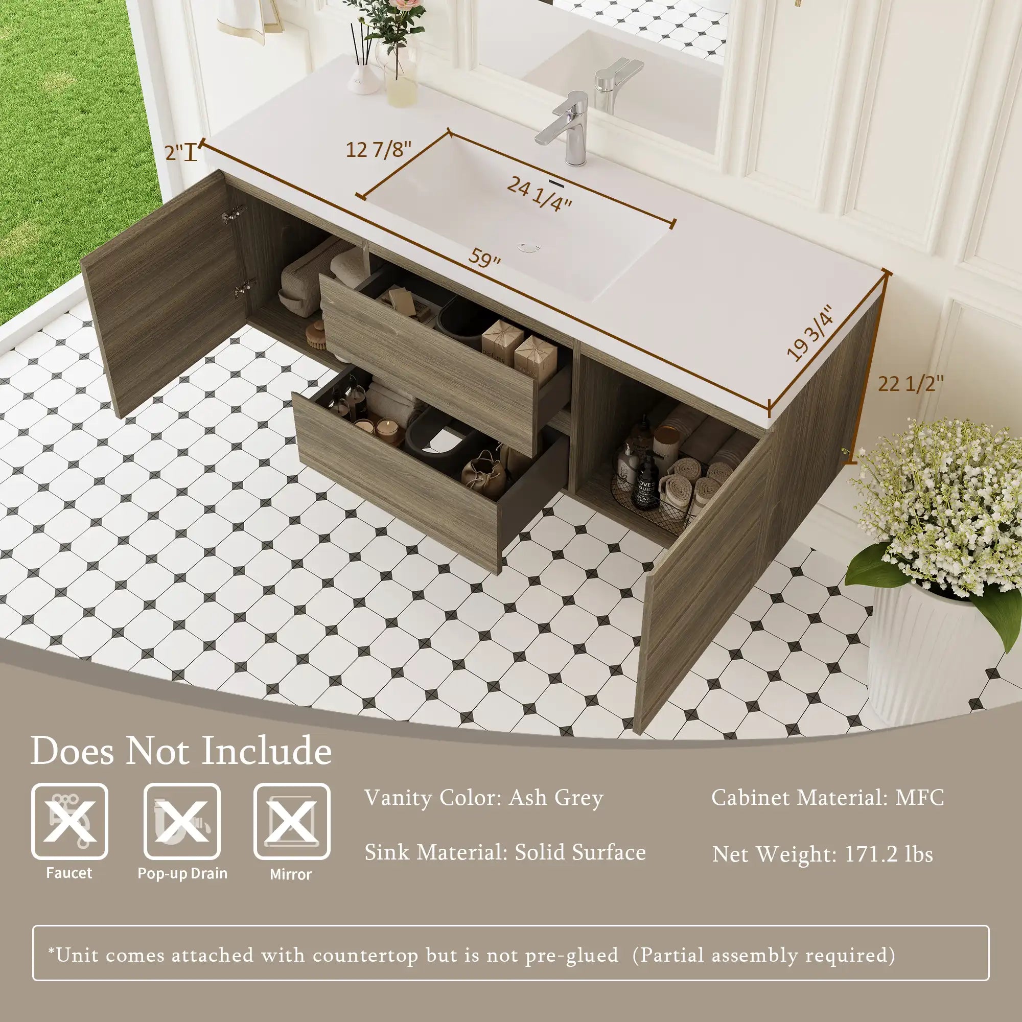 59 inch vanity single sink dimensions and storage layout showing drawers and side cabinets | Ace Decor