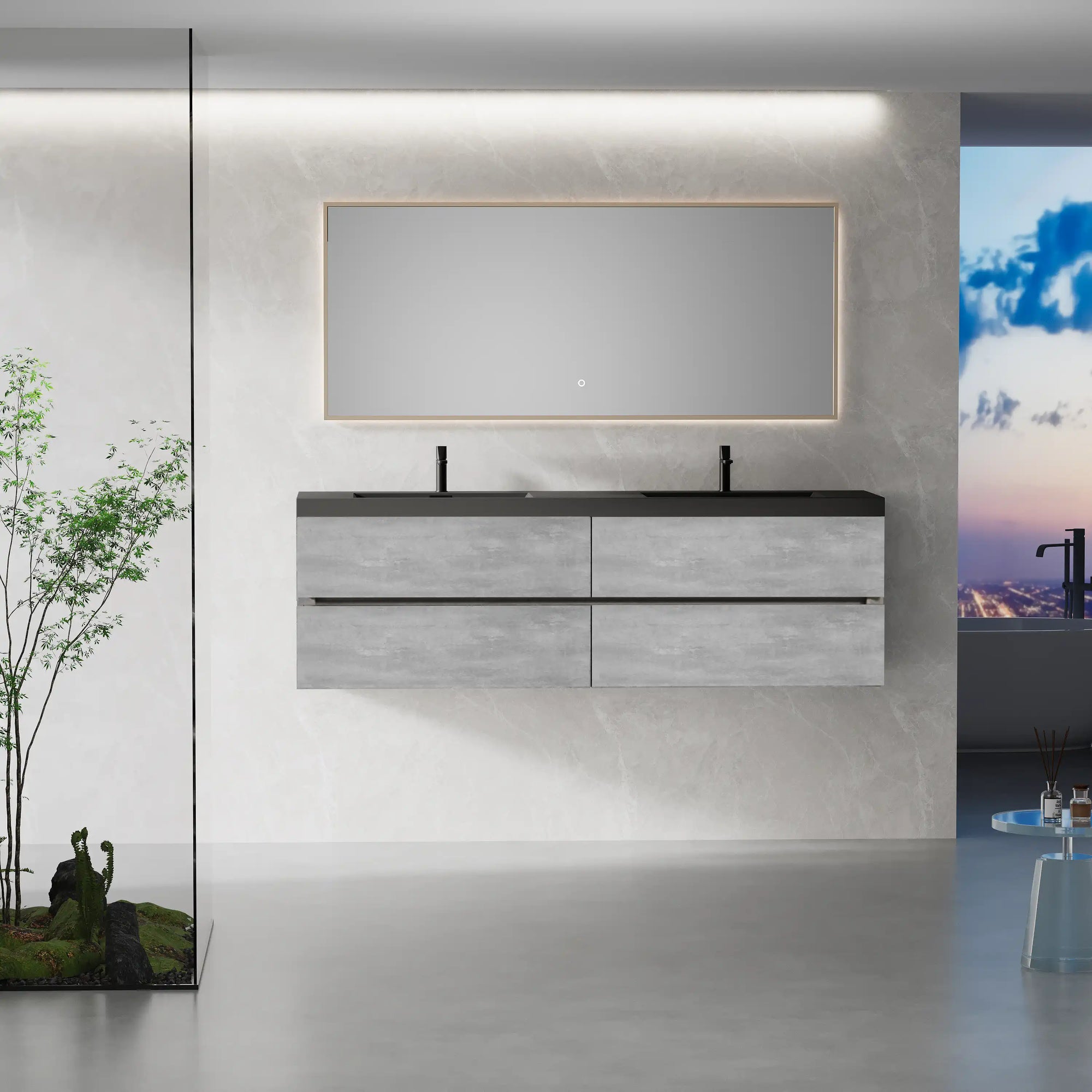 Grey floating vanity 72 x 19 mounted on wall in modern bathroom | Ace Decor