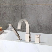 FLUNIX Brushed Nickel Waterfall Roman Tub Faucet Set installed on bathtub, handheld shower spraying water.
