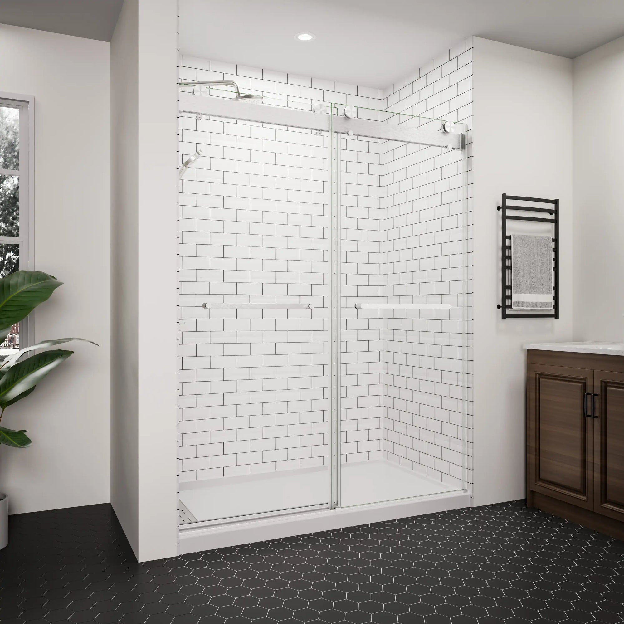 60 x 76 frameless glass sliding shower door in a modern bathroom setting | Ace Decor