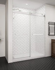 60 x 76 frameless glass sliding shower door in a modern bathroom setting | Ace Decor