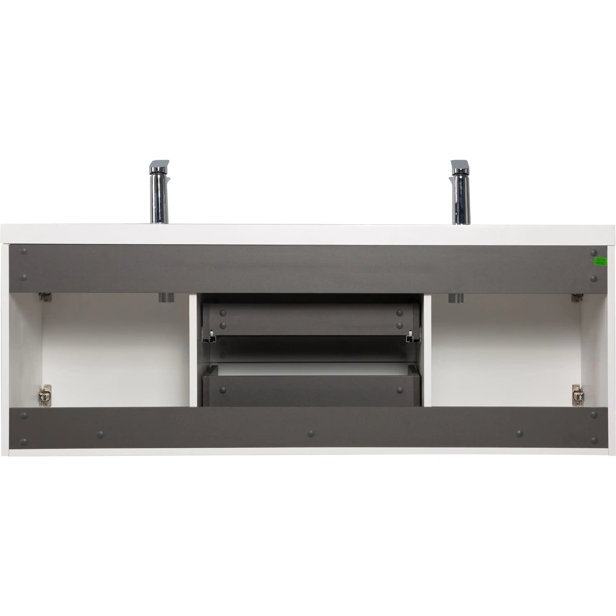 59 inch double sink vanity showing rear view of wall-mounted structure and plumbing clearance | Ace Decor