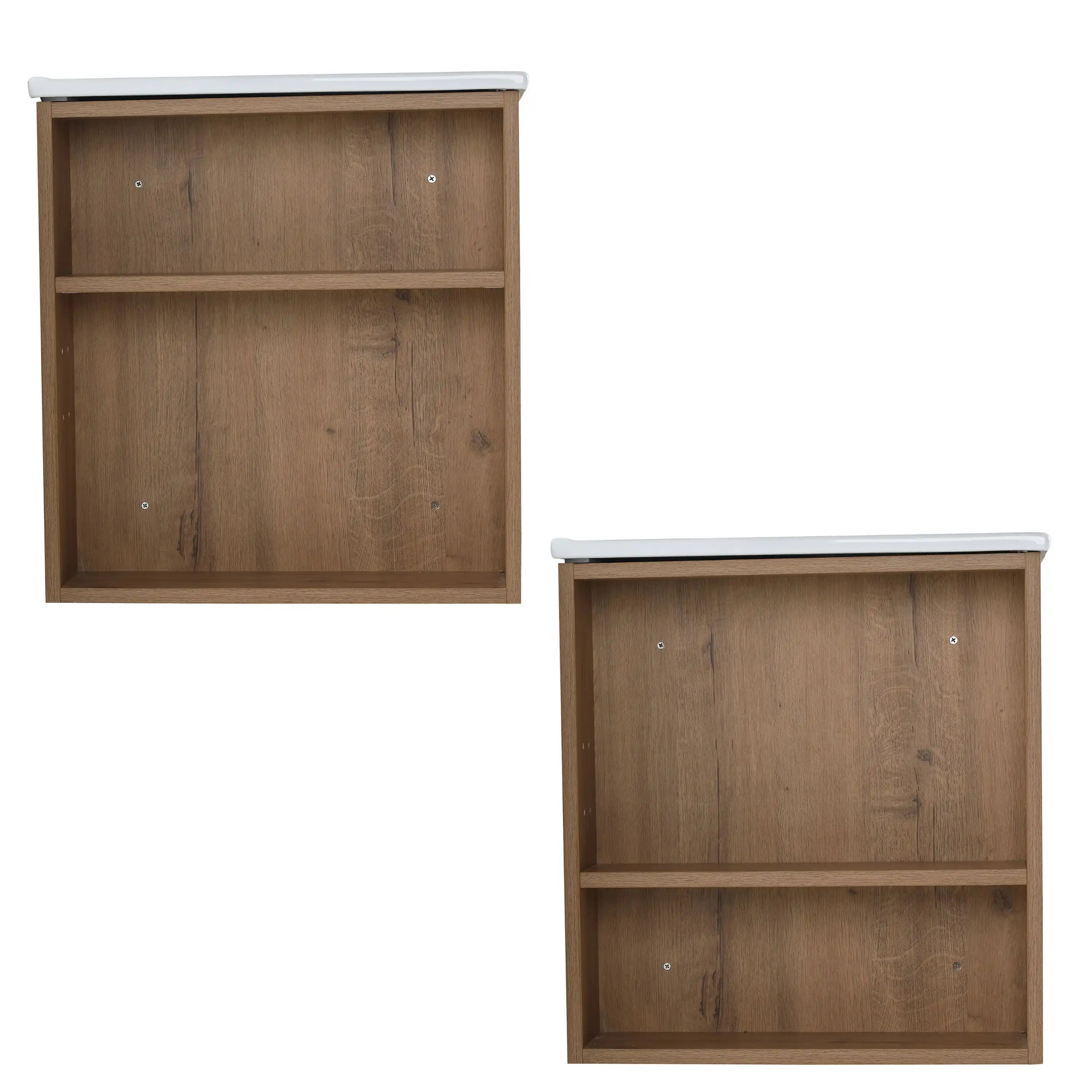 30" wall mounted vanity with adjustable side storage shelf in oak finish, side view.