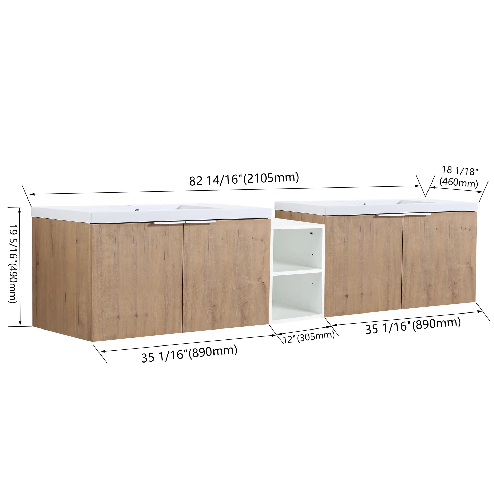 Floating Bathroom Cabinet with Sink & Soft-Close Doors - Ideal for Small Bathrooms color: Imitative Oak | size: 83 inch | combination: Middle Side Cabinet