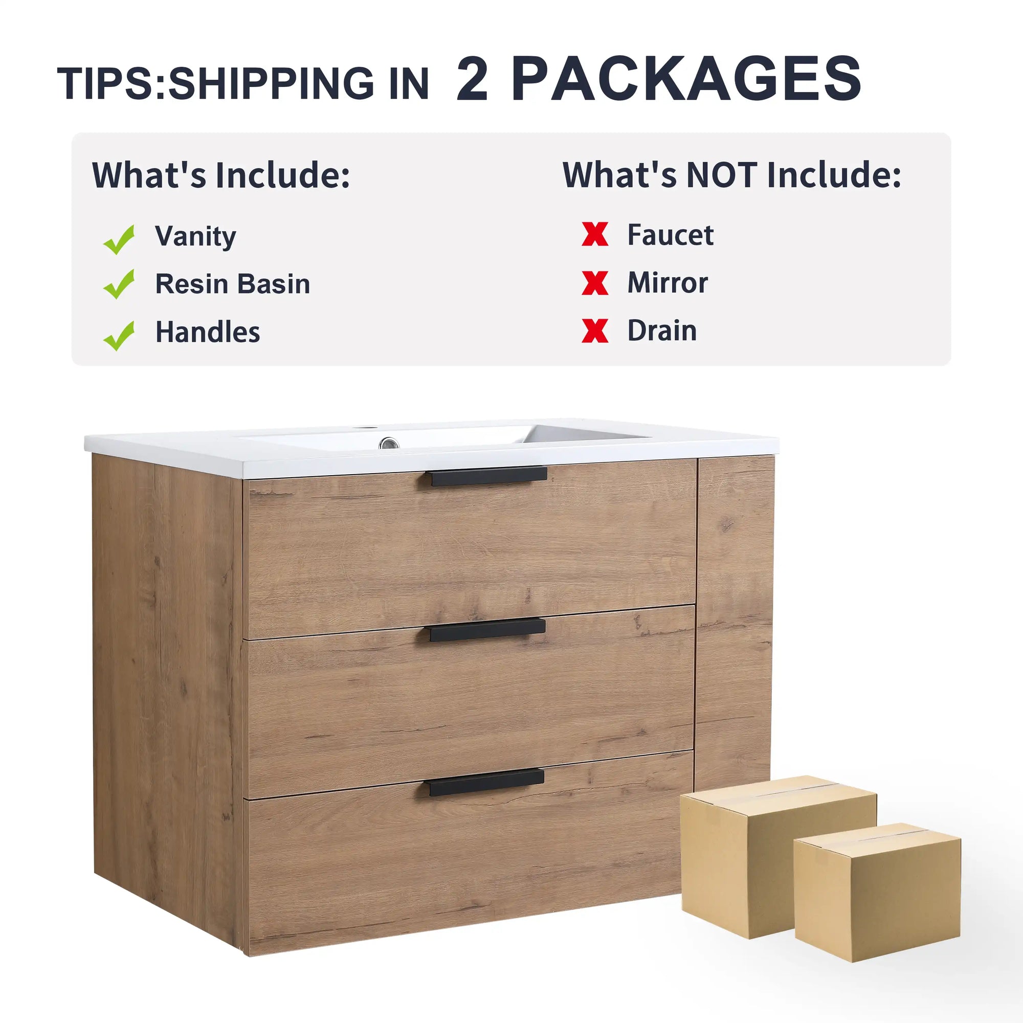 30" small bathroom vanity with drawers showing what’s included and not included with two-package shipping | Ace Decor