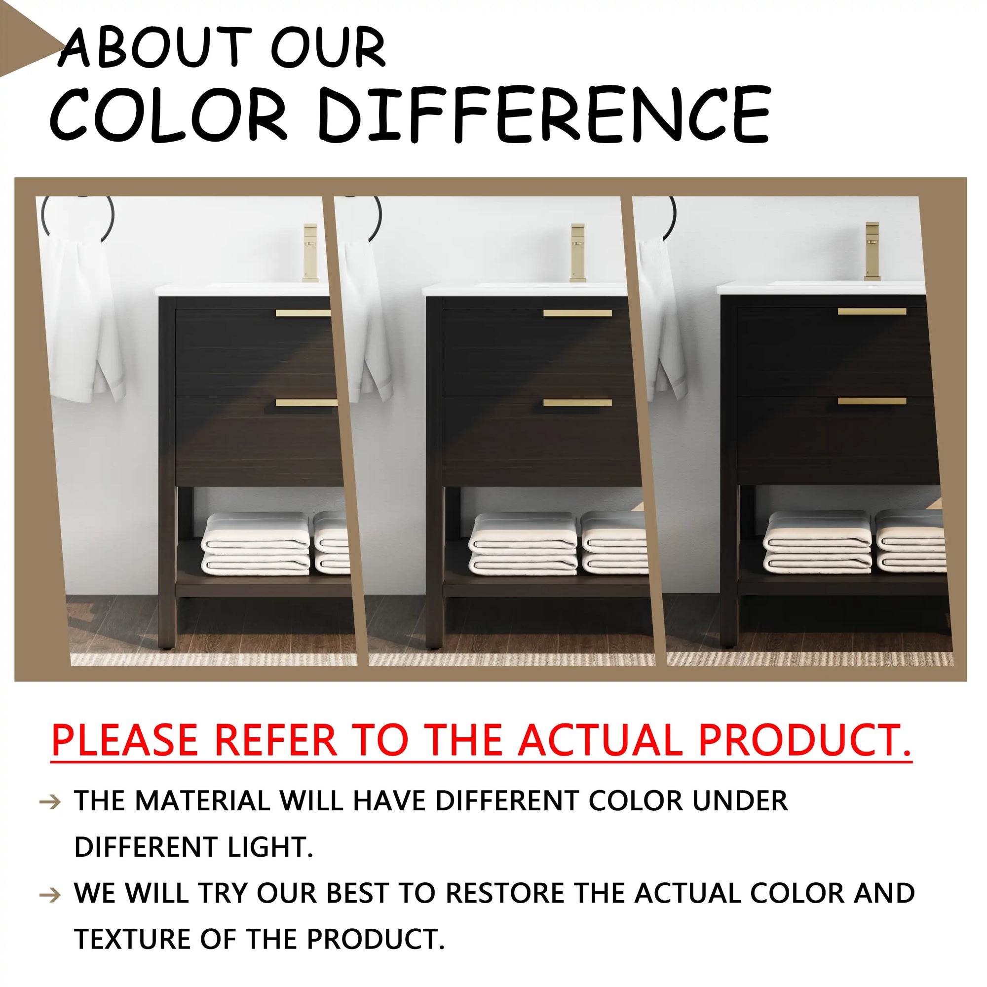 30" black vanity bathroom color variation under different lighting conditions | Ace Decor