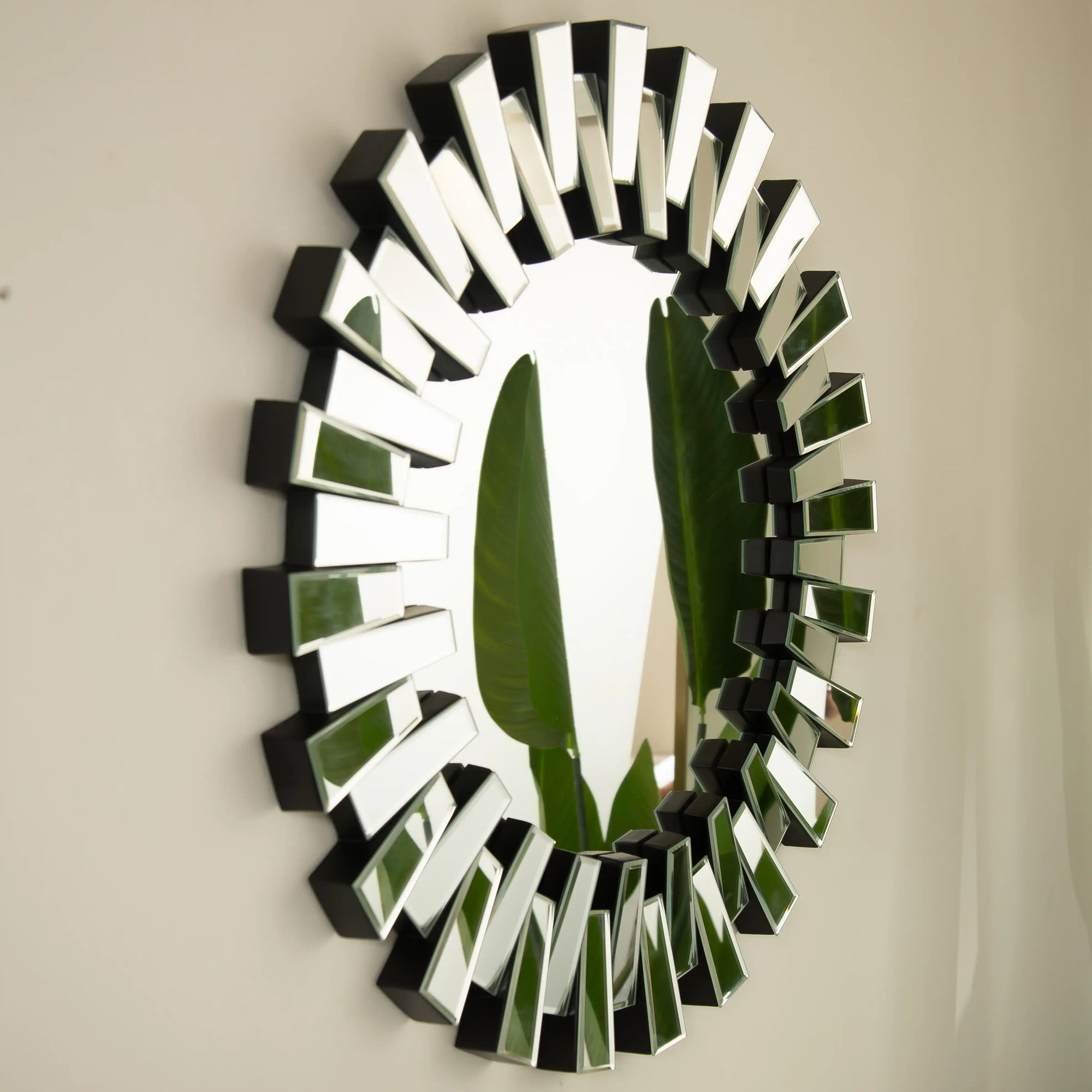 Side-angle view of 32 inch circle mirror vanity showing beveled mirror tiles | Ace Decor