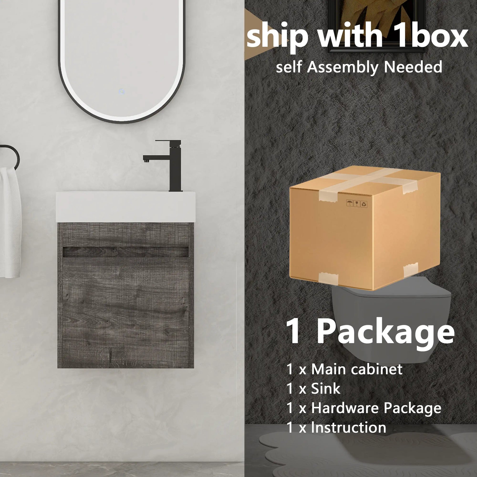 Aeris Series 18" Wall-Mounted Bathroom Vanity with Integrated Sink, Plaid Grey Oak