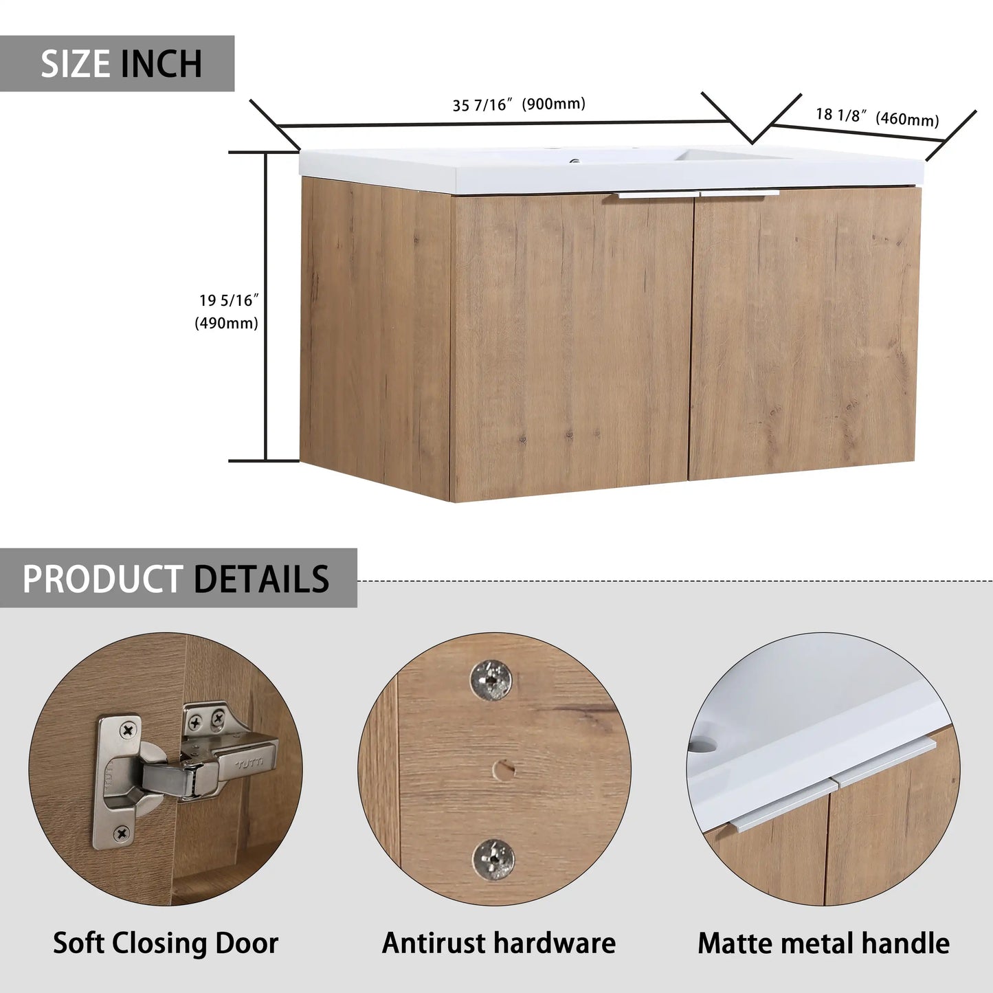 Floating Bathroom Cabinet with Sink & Soft-Close Doors - Ideal for Small Bathrooms color: Imitative Oak | size: 35 inch | combination: Separate Wash Basin