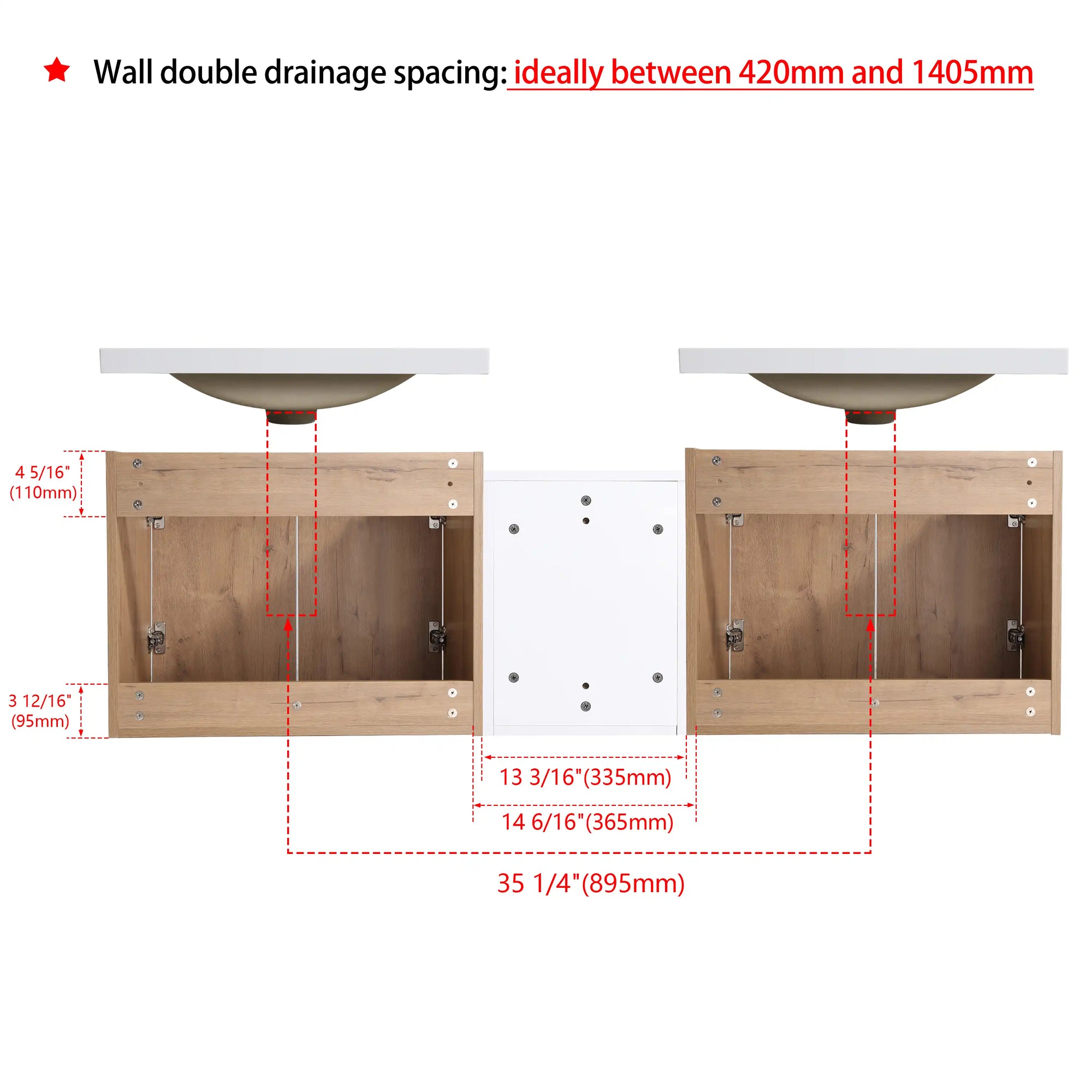 Monterey Series 60" Double Floating Bathroom Vanity in Imitative Oak with Side Cabinet and Integrated Sink