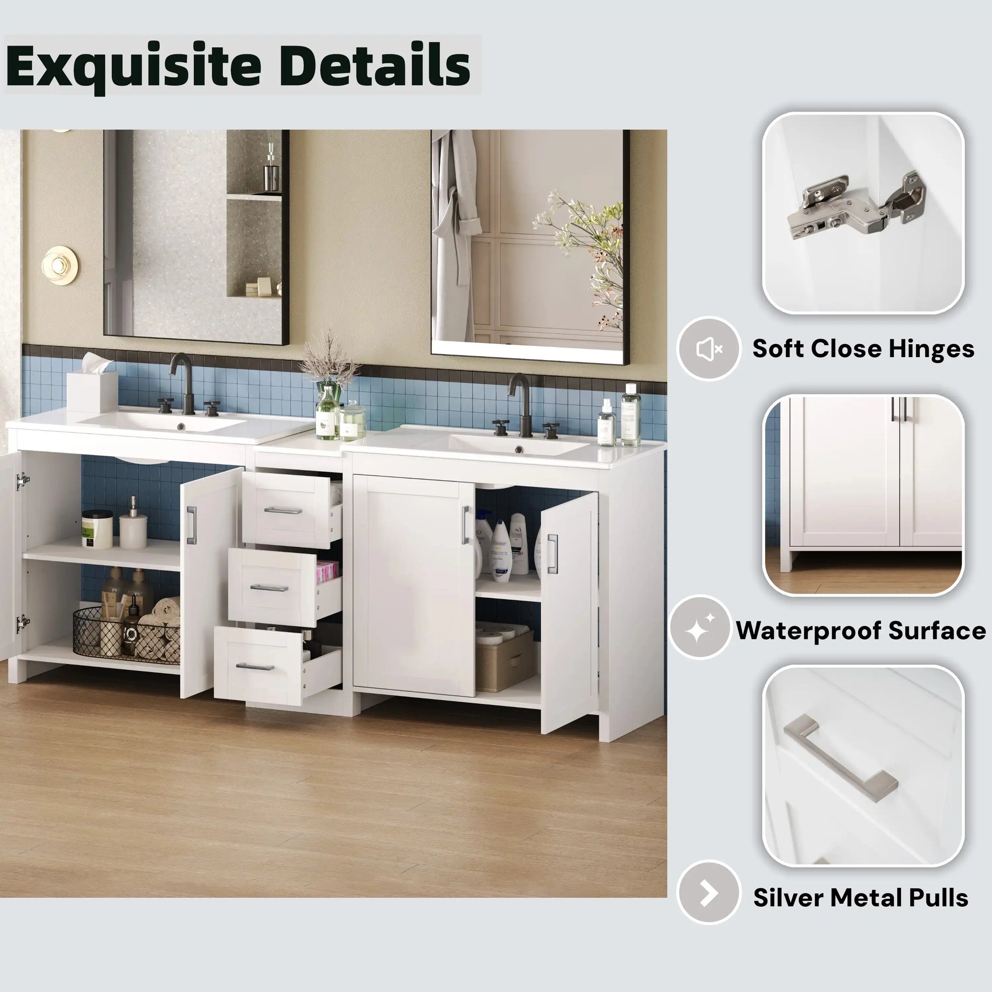 Elysian 84&quot; Freestanding Bathroom Vanity with Double Sinks – White