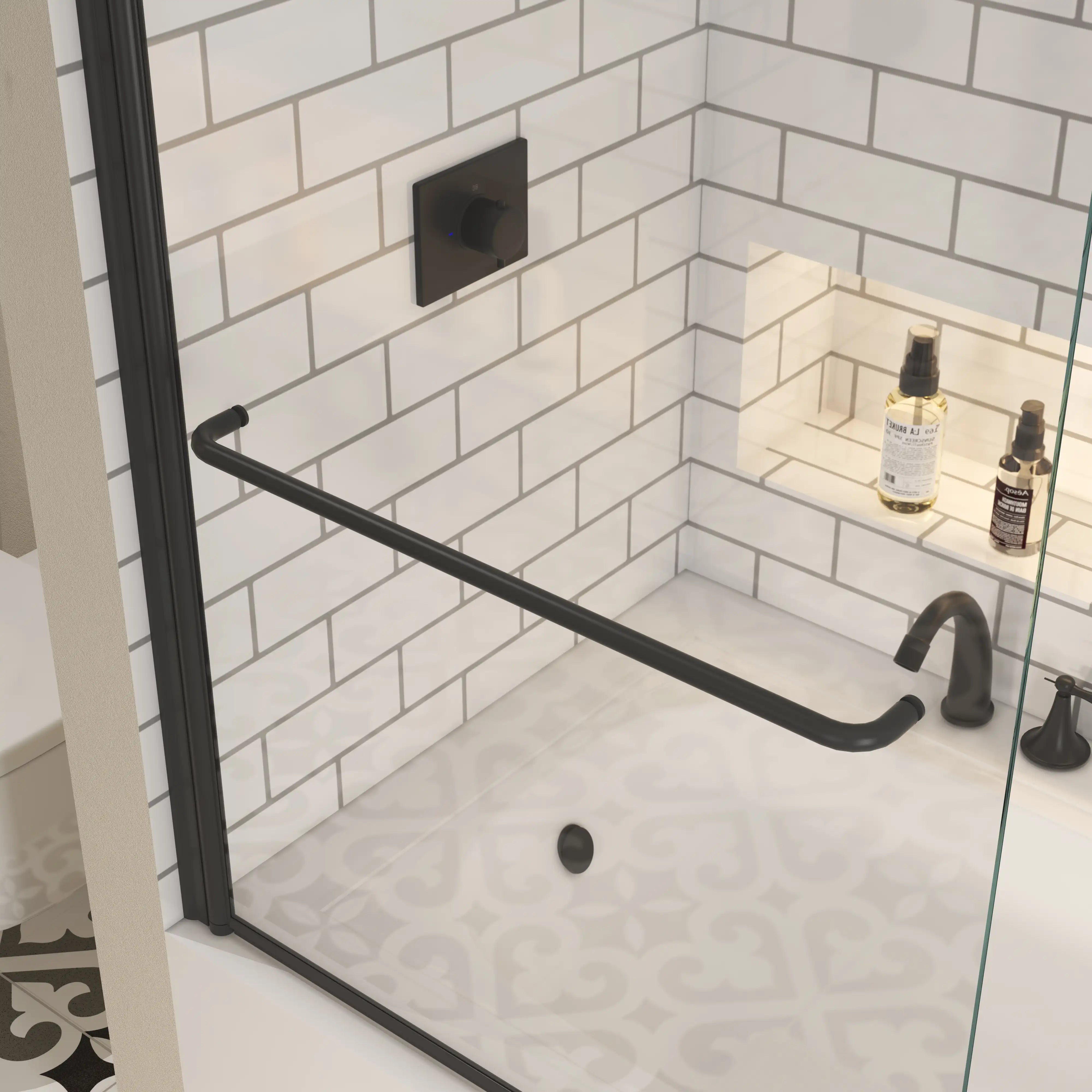 34 x 58 bathtub half glass door with stainless steel towel-bar handle in matte black finish | Ace Decor