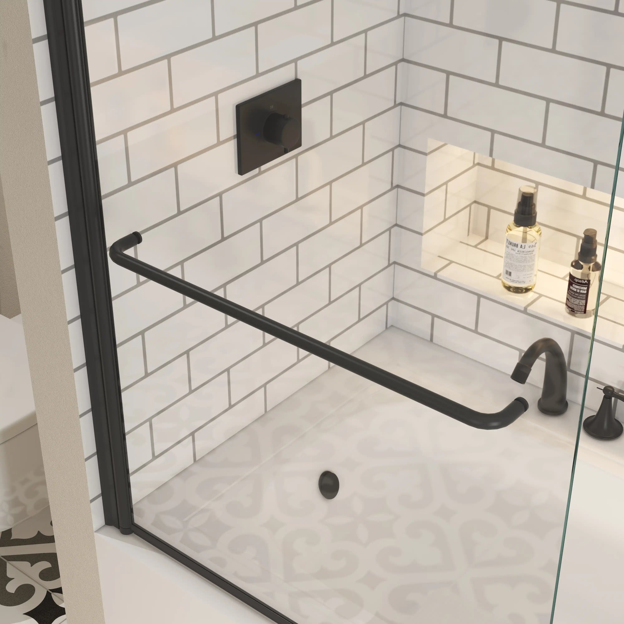 34 x 58 bathtub half glass door with stainless steel towel-bar handle in matte black finish | Ace Decor