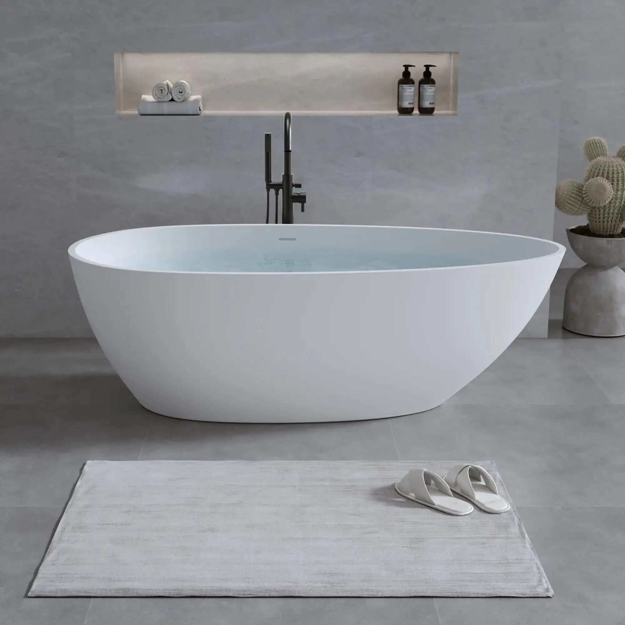 59" Matte White Egg-Shaped Resin Stone Freestanding Tub with Overflow & Pop-Up Drain – Stylish Solid Surface for Modern Bathrooms color: Matte White