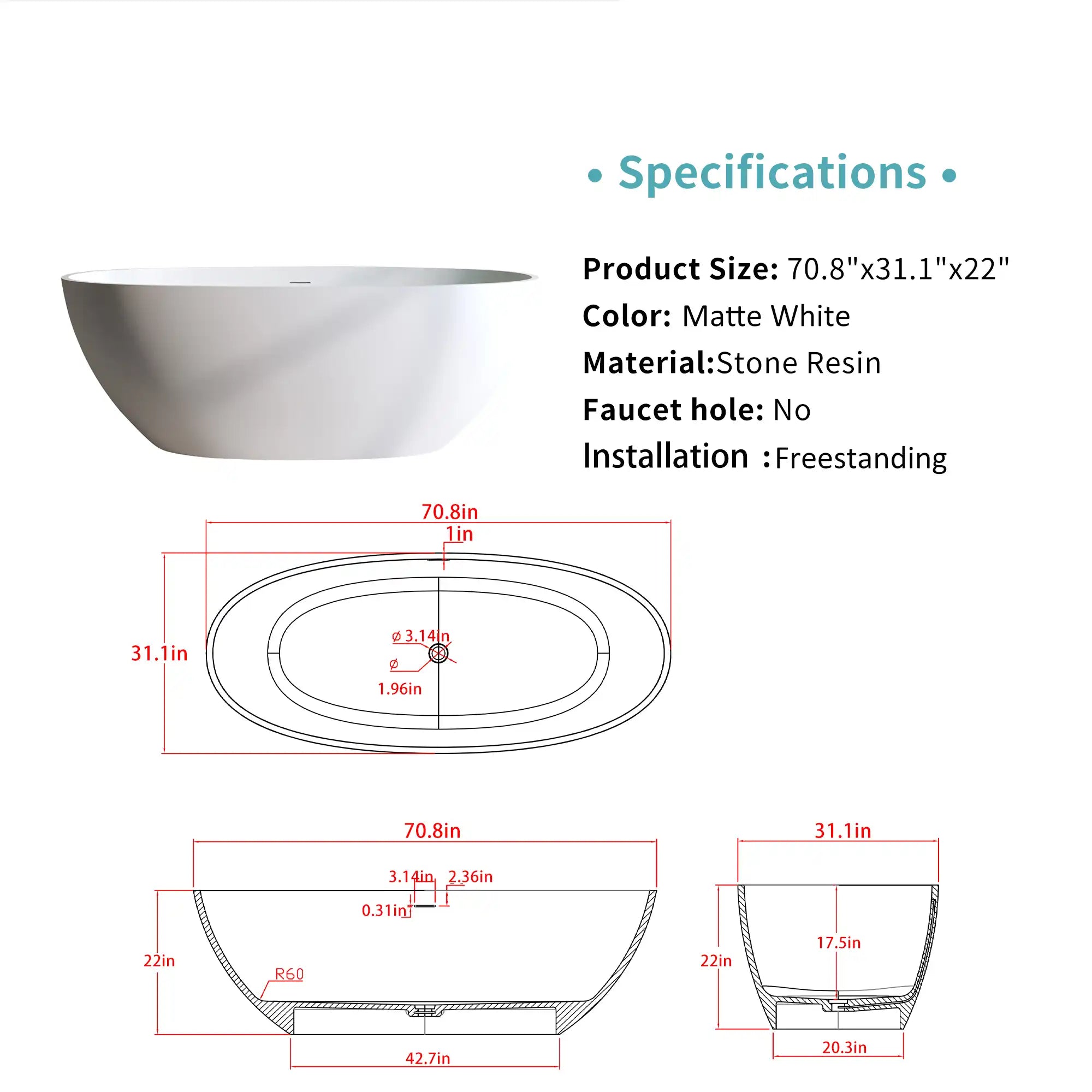 ACE DECOR freestanding bathtub Solid Surface Bathtub specifications in matte white, size 70.8x31.1x22 inches.