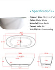 ACE DECOR freestanding bathtub Solid Surface Bathtub specifications in matte white, size 70.8x31.1x22 inches.