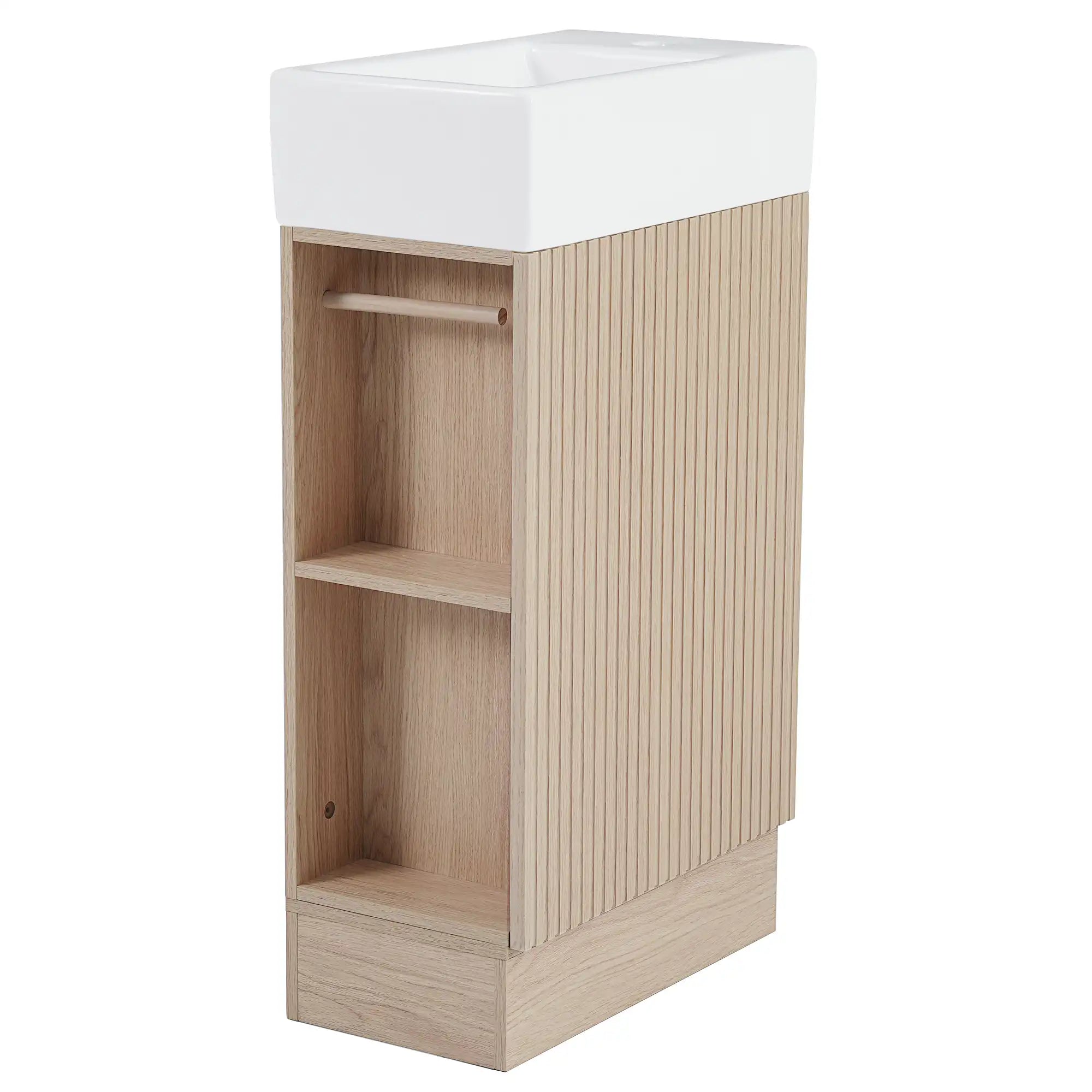 18.6" oak finish bathroom vanity with side shelf, angled front view | Ace Decor