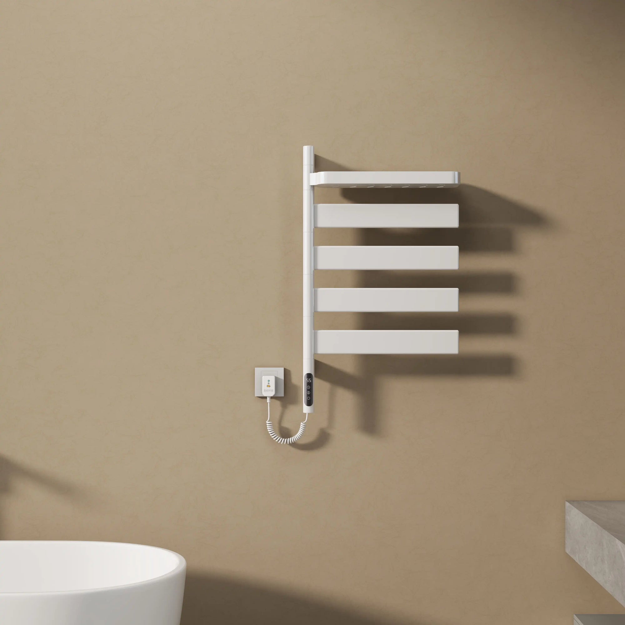 minimalist white heated towel rack 18 x 30 wall mounted | Ace Decor
