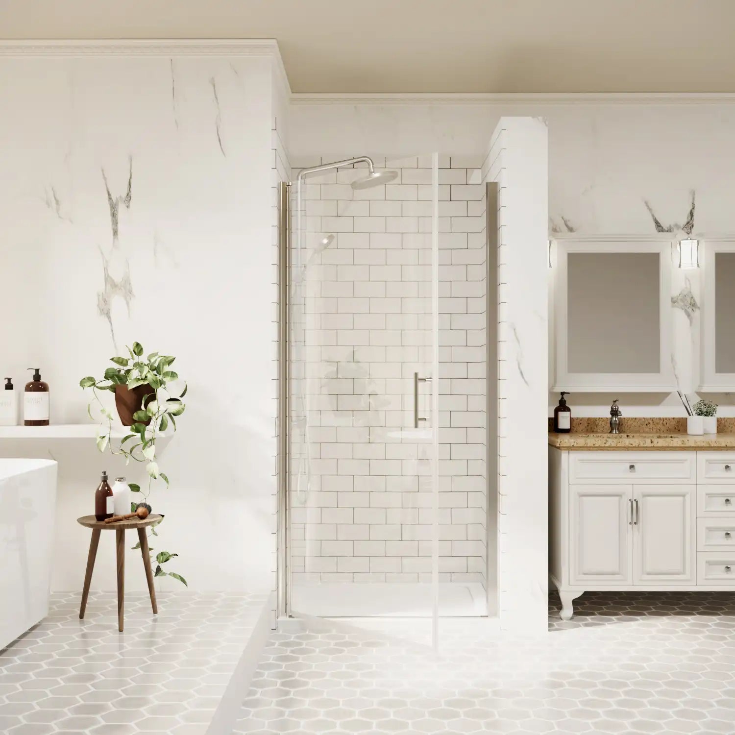 Chrome framed pivot shower door fully opened in a modern white bathroom | Ace Decor